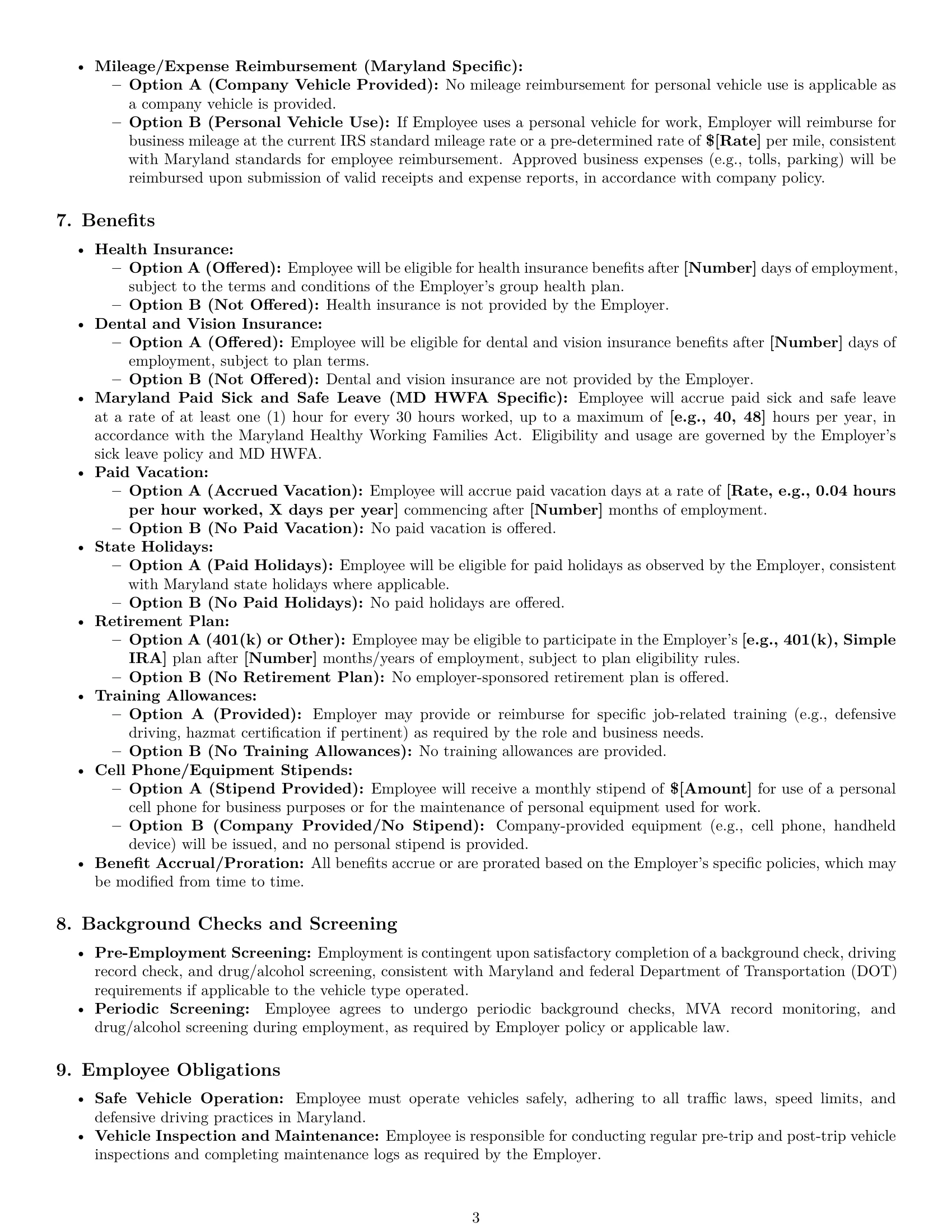 Preview page 3 of Pro Maryland delivery driver employment contract template