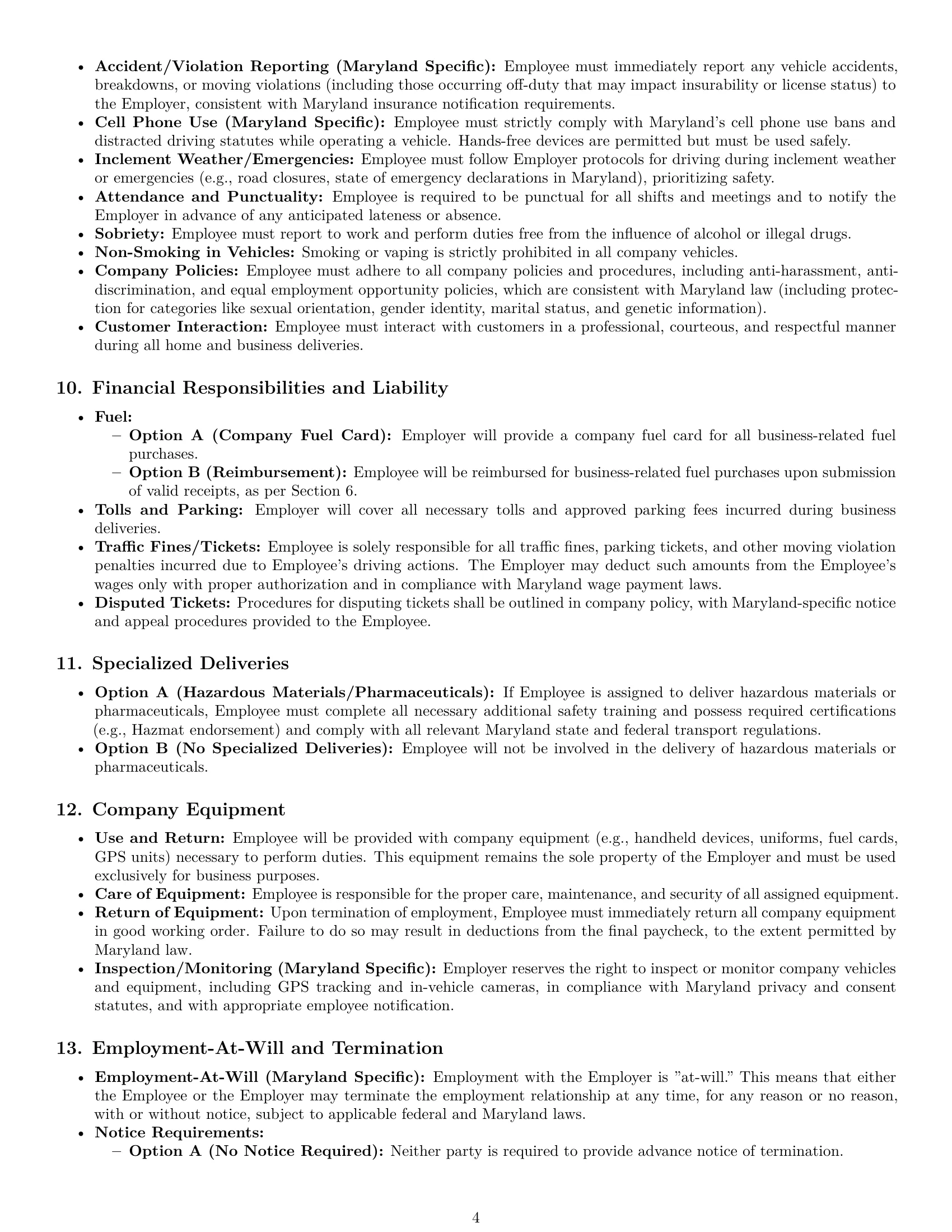 Preview page 4 of Pro Maryland delivery driver employment contract template