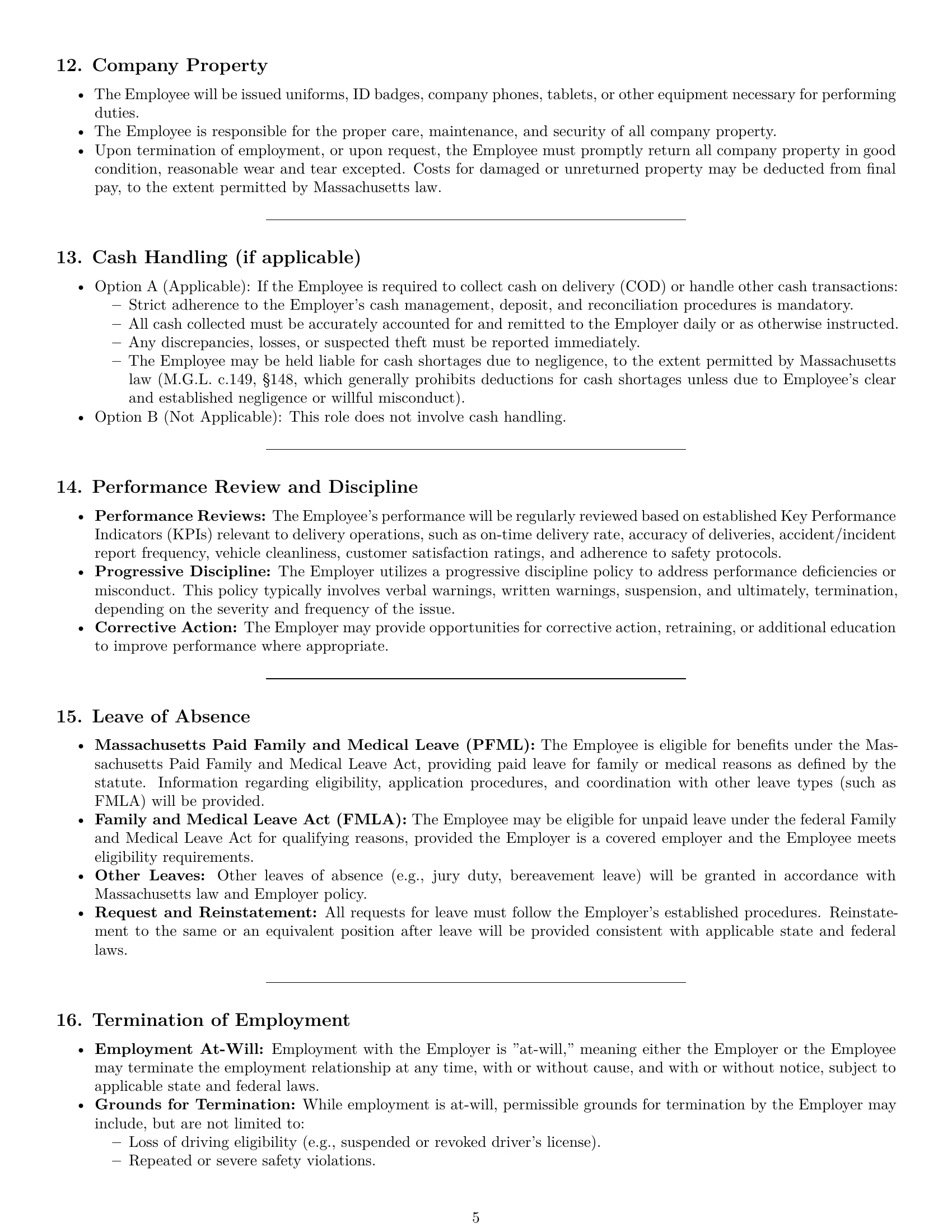 Preview page 5 of Pro Massachusetts delivery driver employment contract template