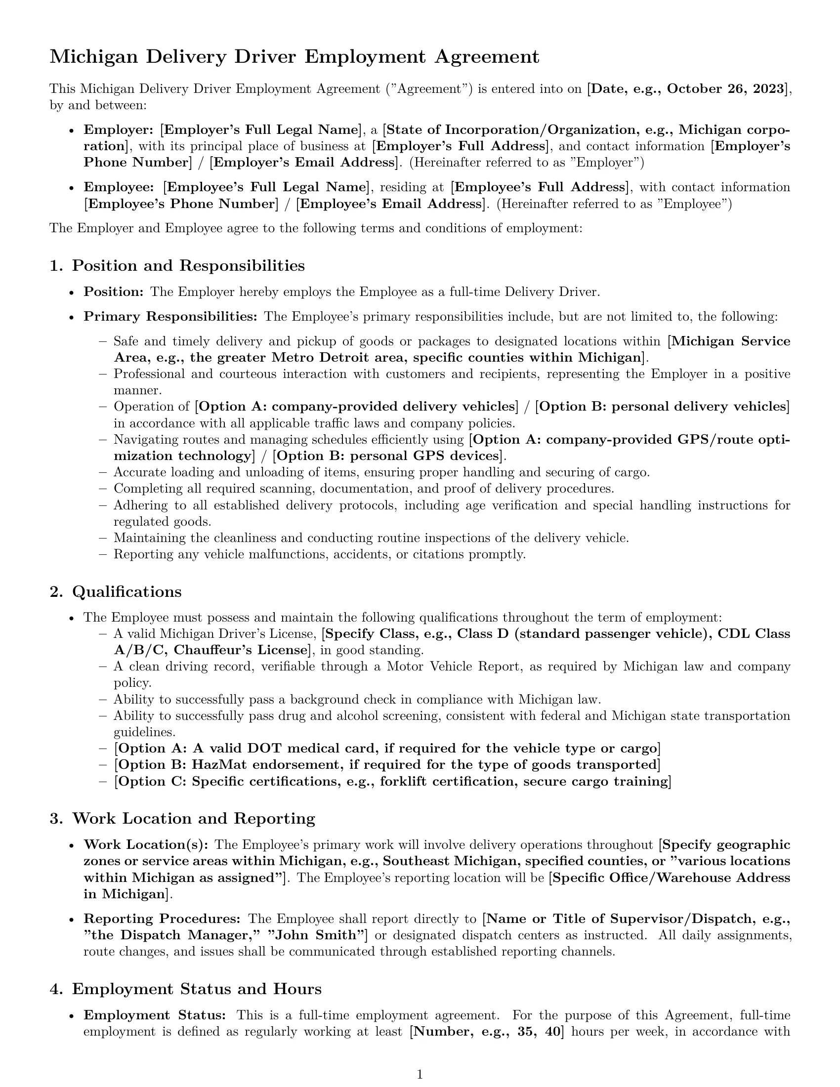 Preview page 1 of Pro Michigan delivery driver employment contract template