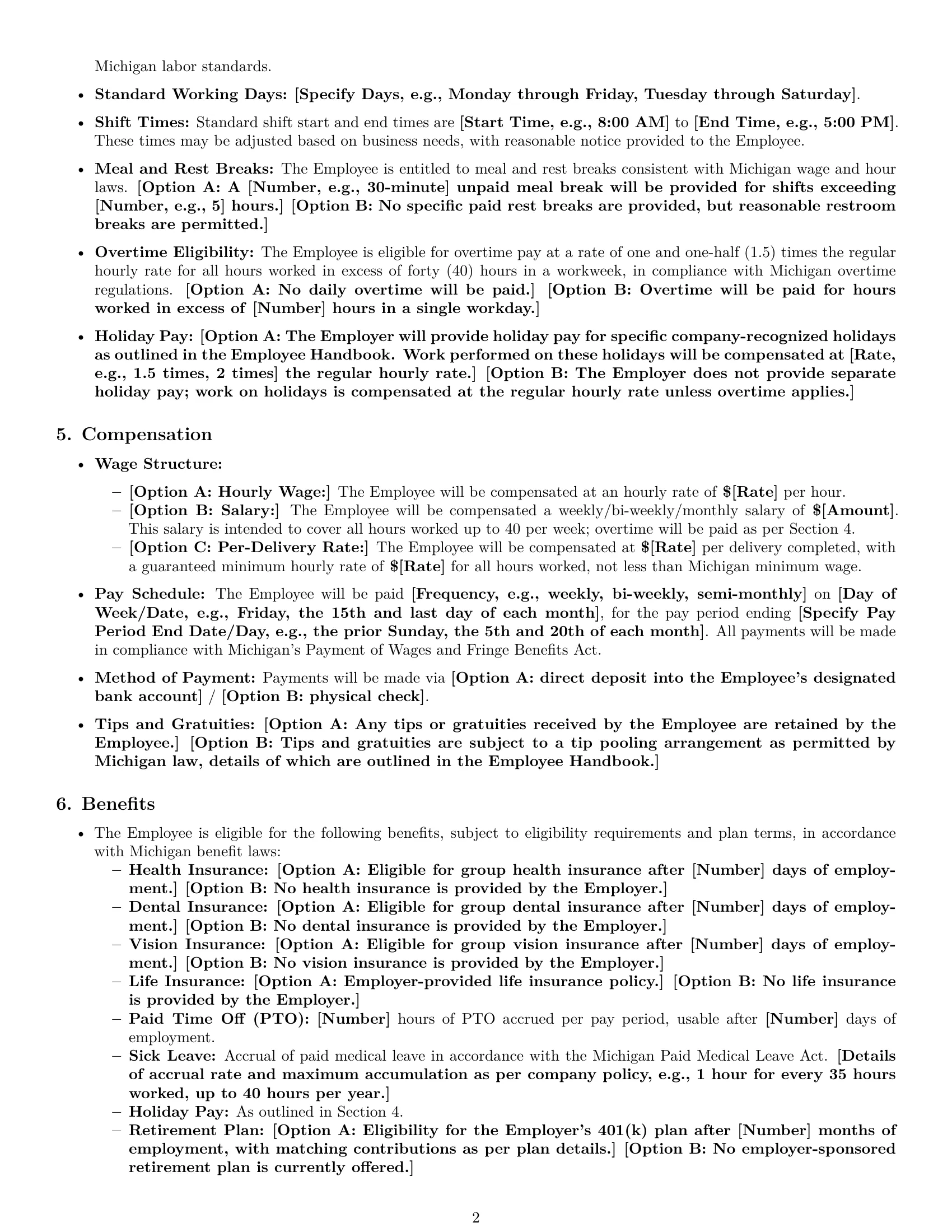 Preview page 2 of Pro Michigan delivery driver employment contract template