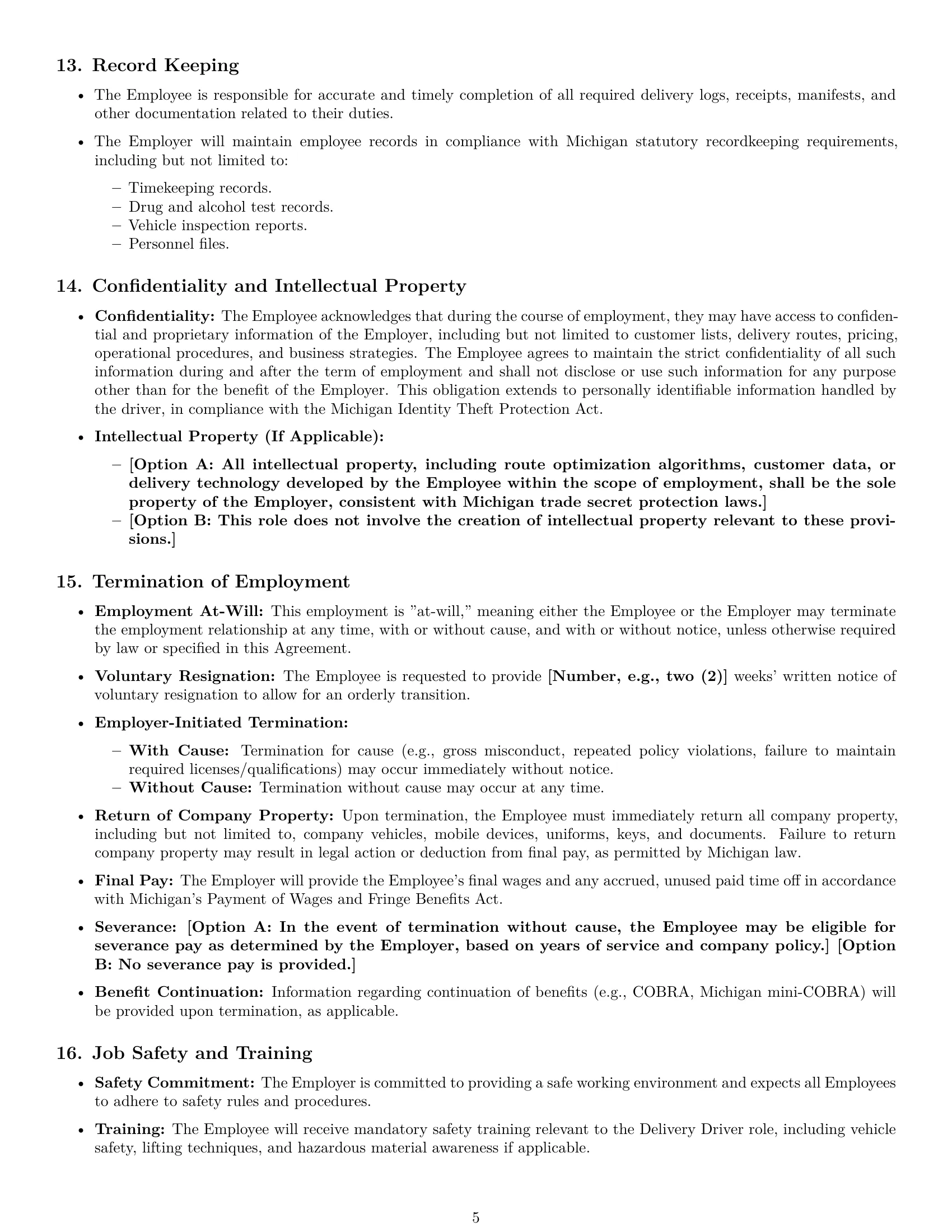 Preview page 5 of Pro Michigan delivery driver employment contract template