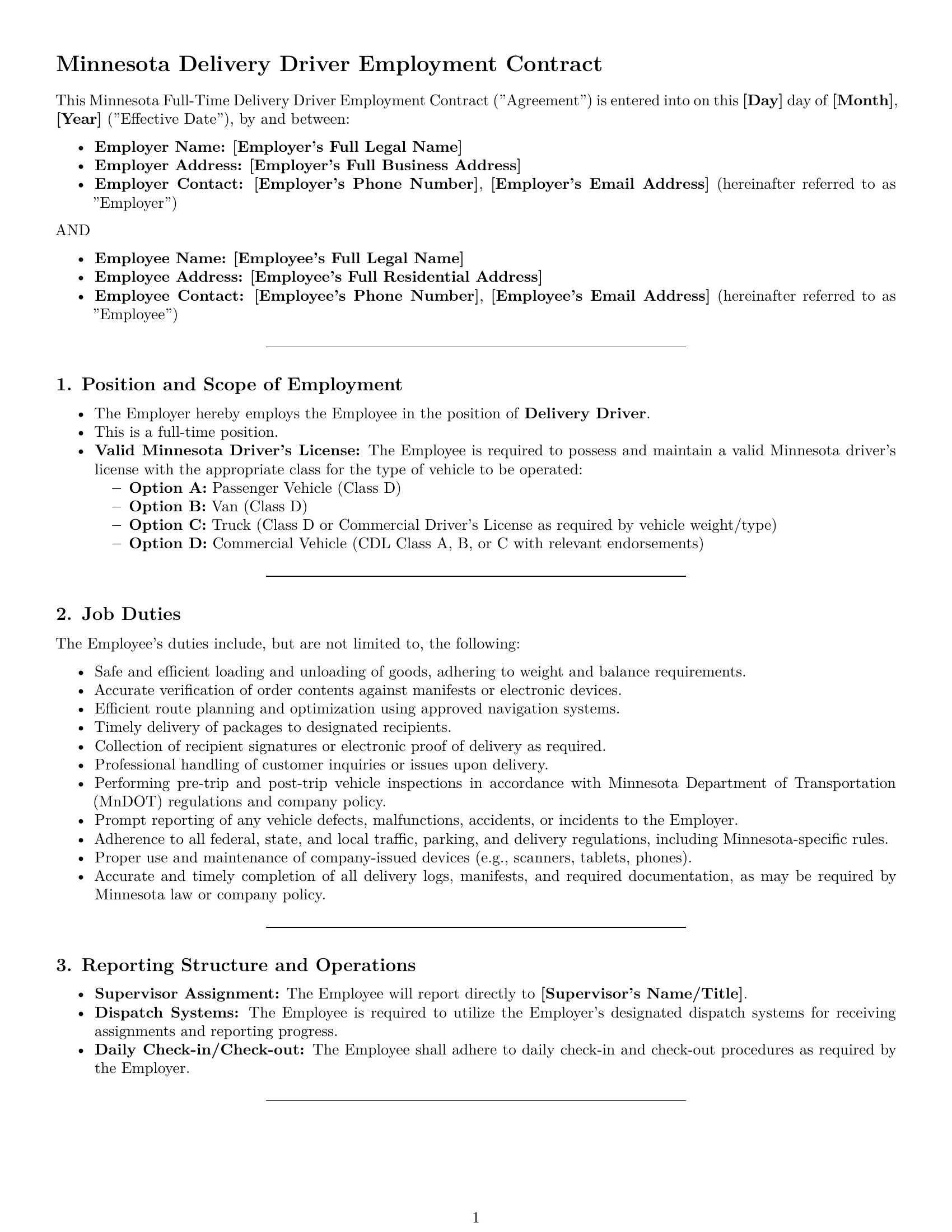 Preview page 1 of Pro Minnesota delivery driver employment contract template