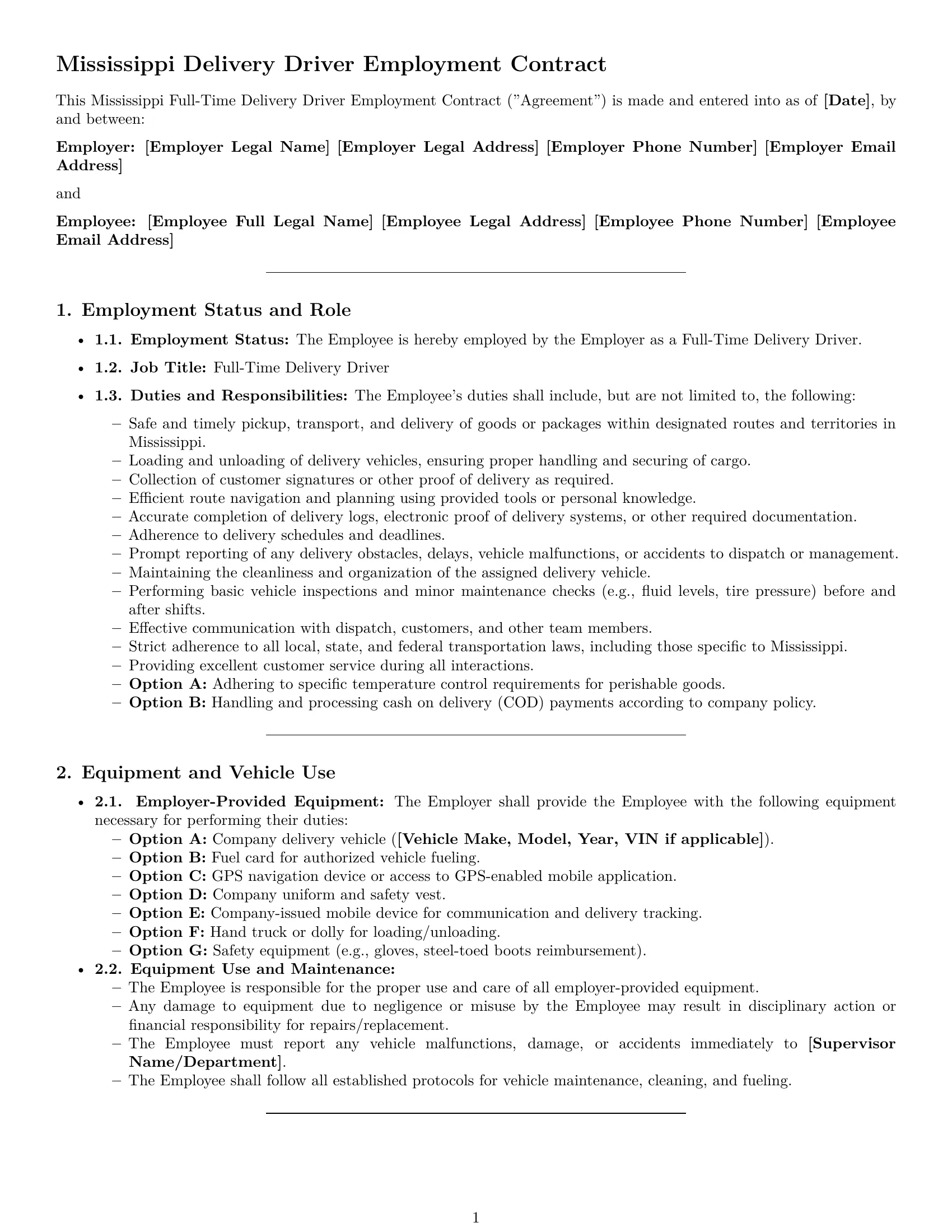 Preview page 1 of Pro Mississippi delivery driver employment contract template