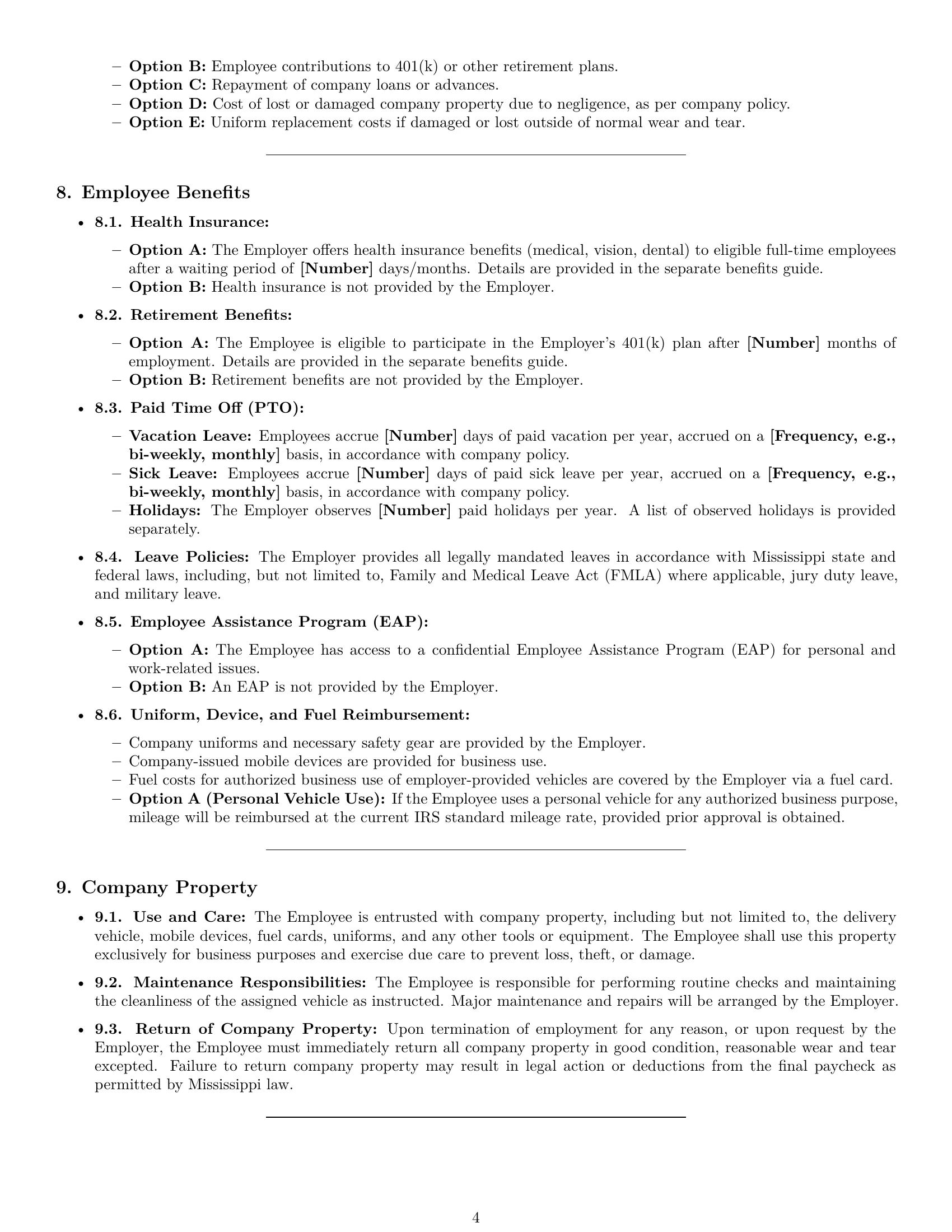 Preview page 4 of Pro Mississippi delivery driver employment contract template