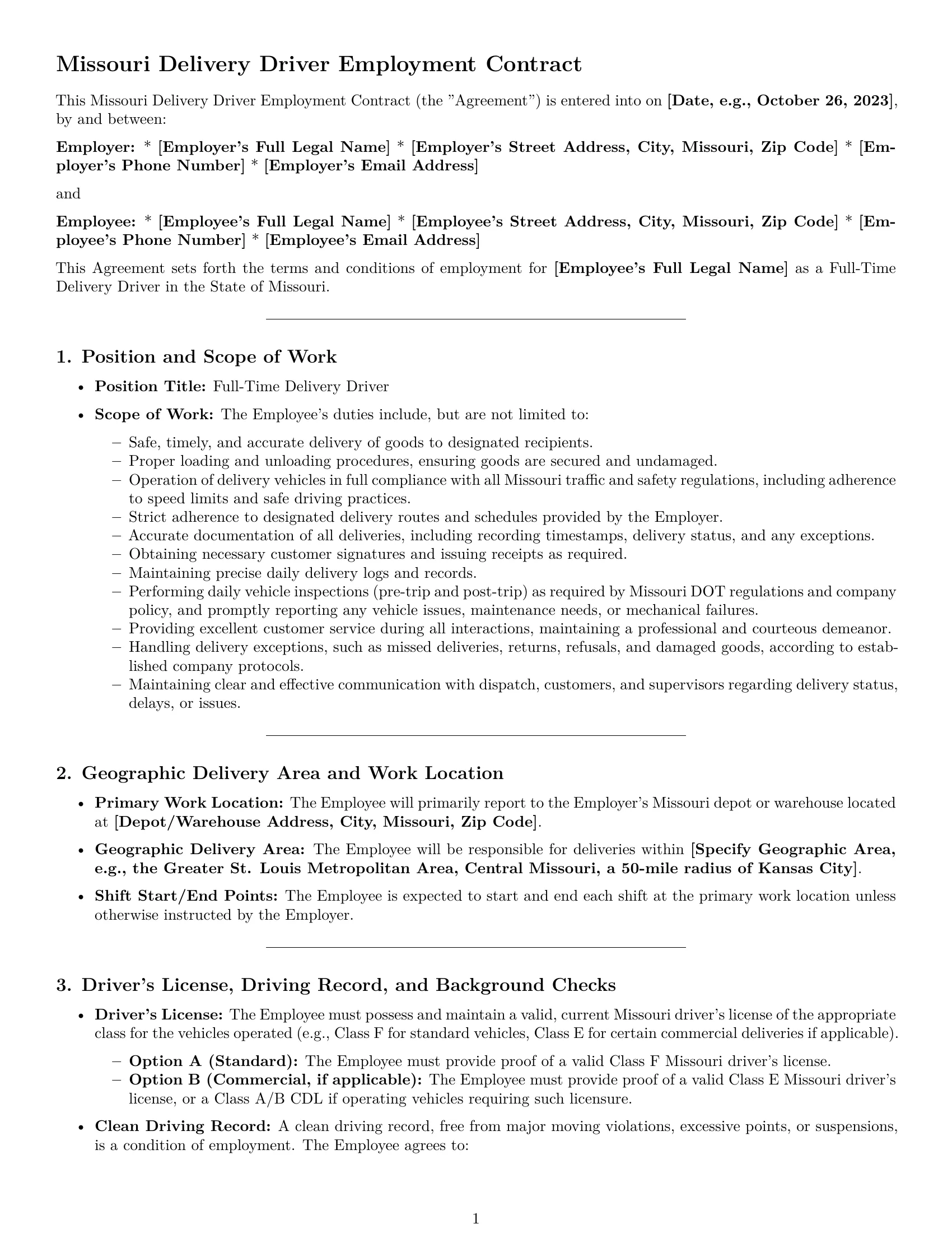 Preview page 1 of Pro Missouri delivery driver employment contract template