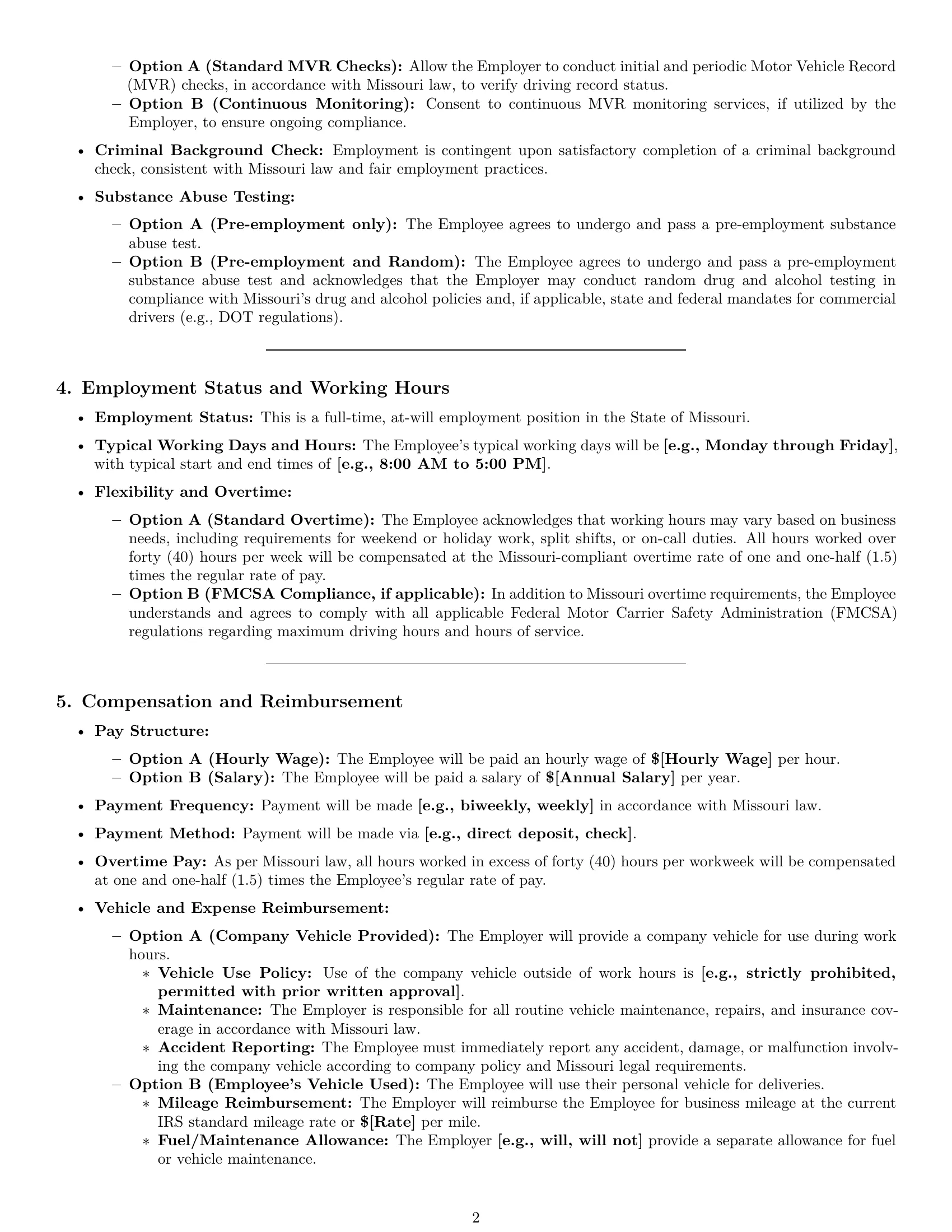 Preview page 2 of Pro Missouri delivery driver employment contract template