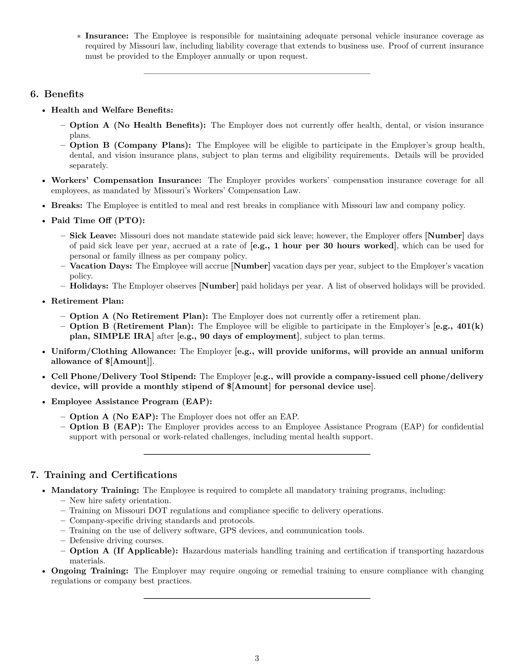 Preview page 3 of Pro Missouri delivery driver employment contract template