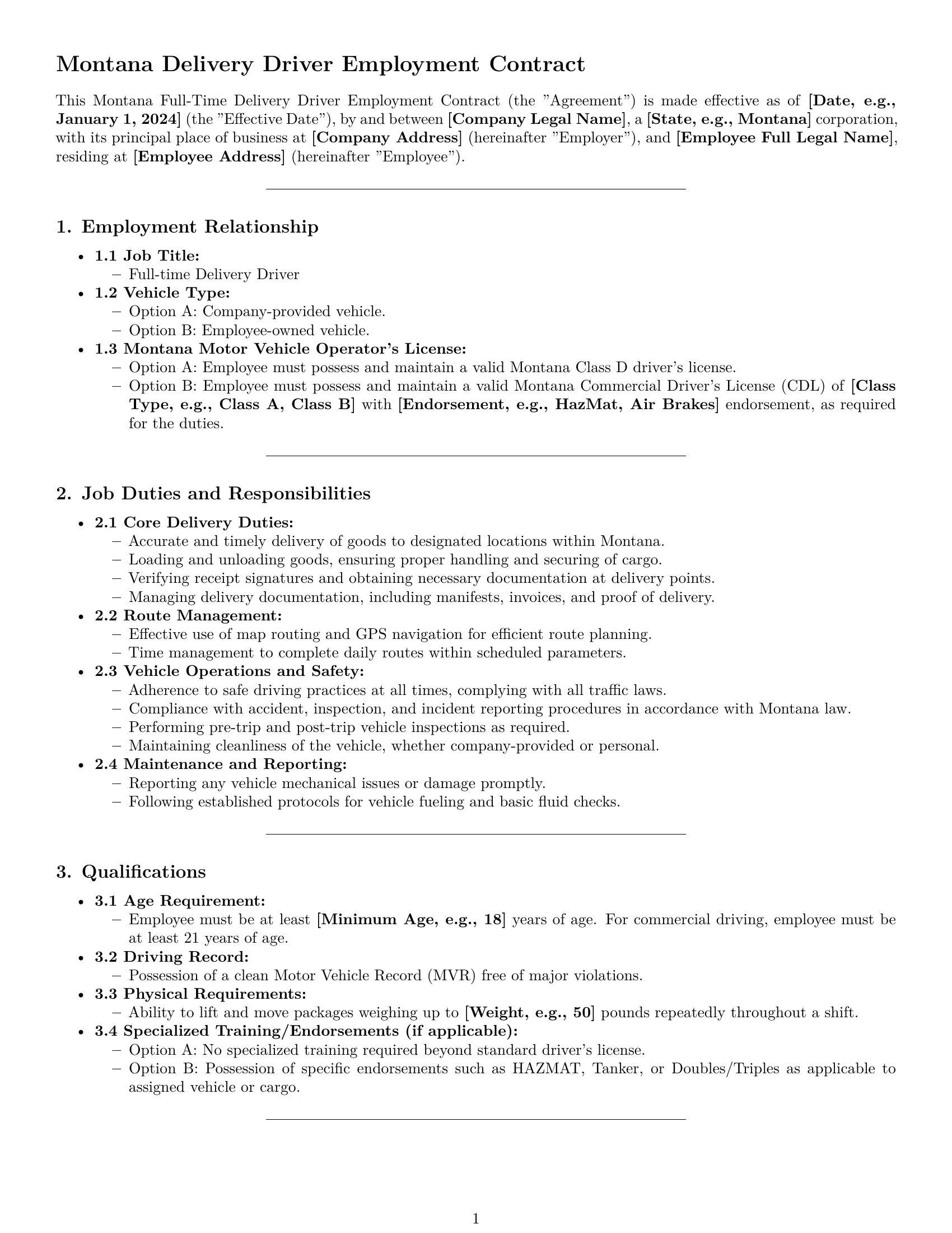 Preview page 1 of Pro Montana delivery driver employment contract template