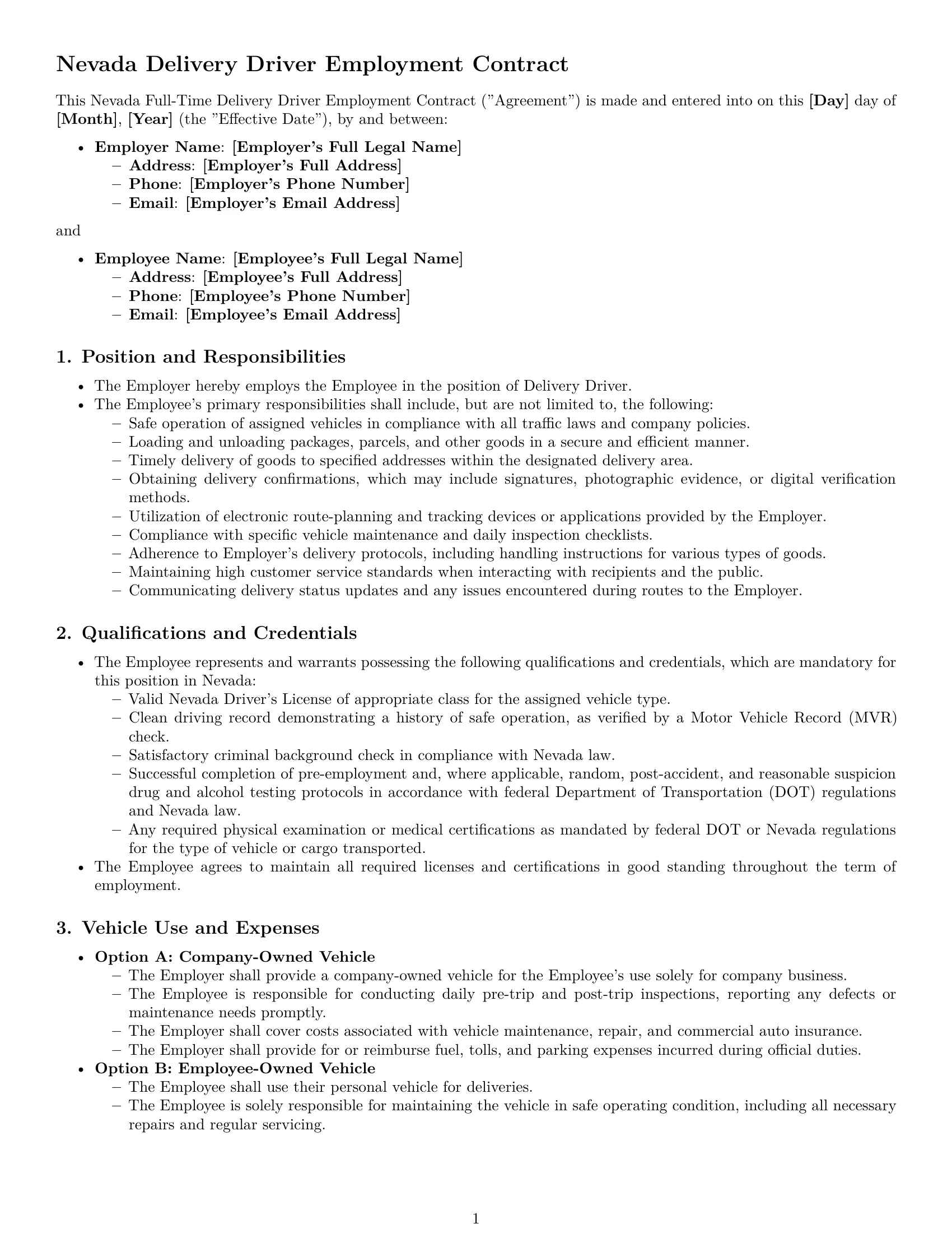 Preview page 1 of Pro Nevada delivery driver employment contract template