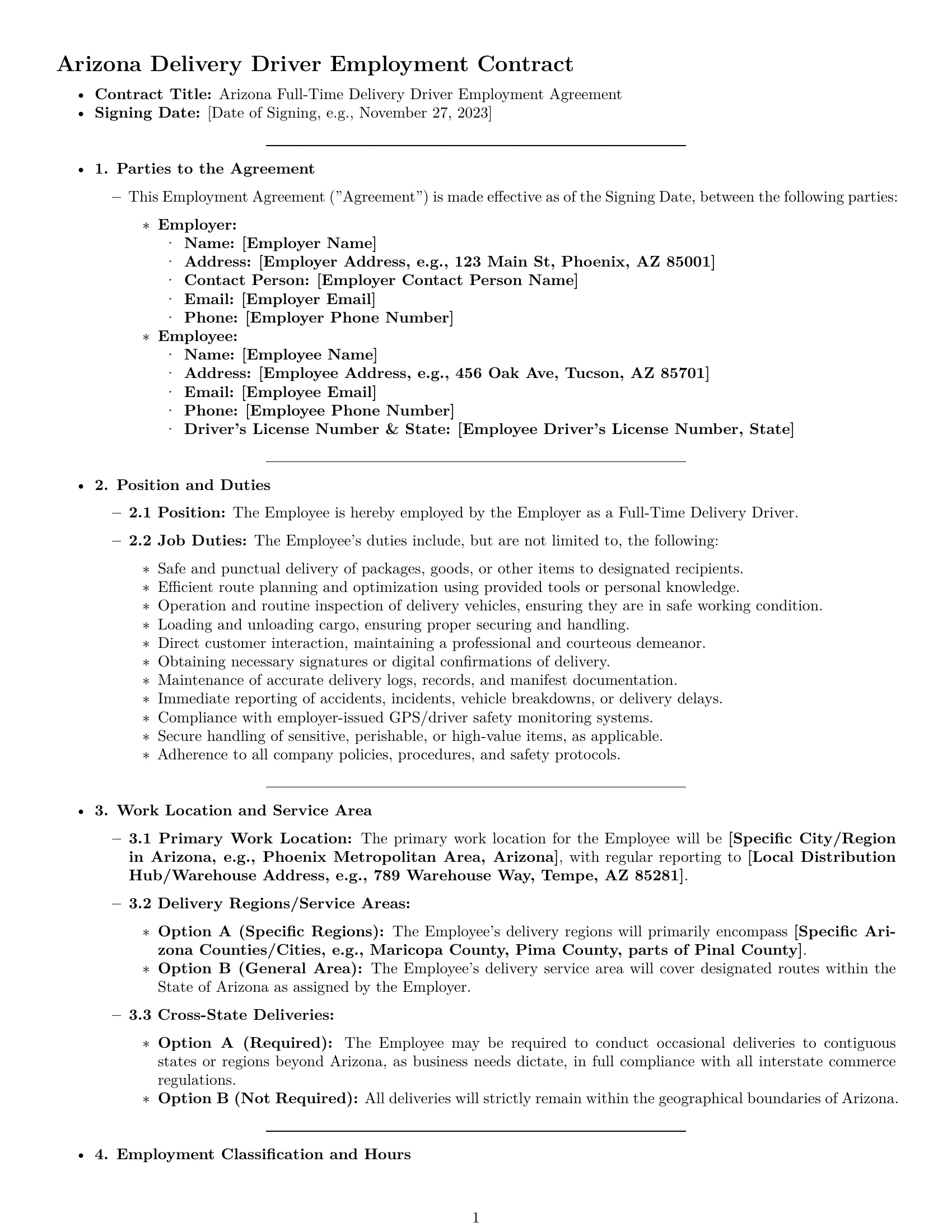 Preview page 1 of Pro Arizona delivery driver employment contract template