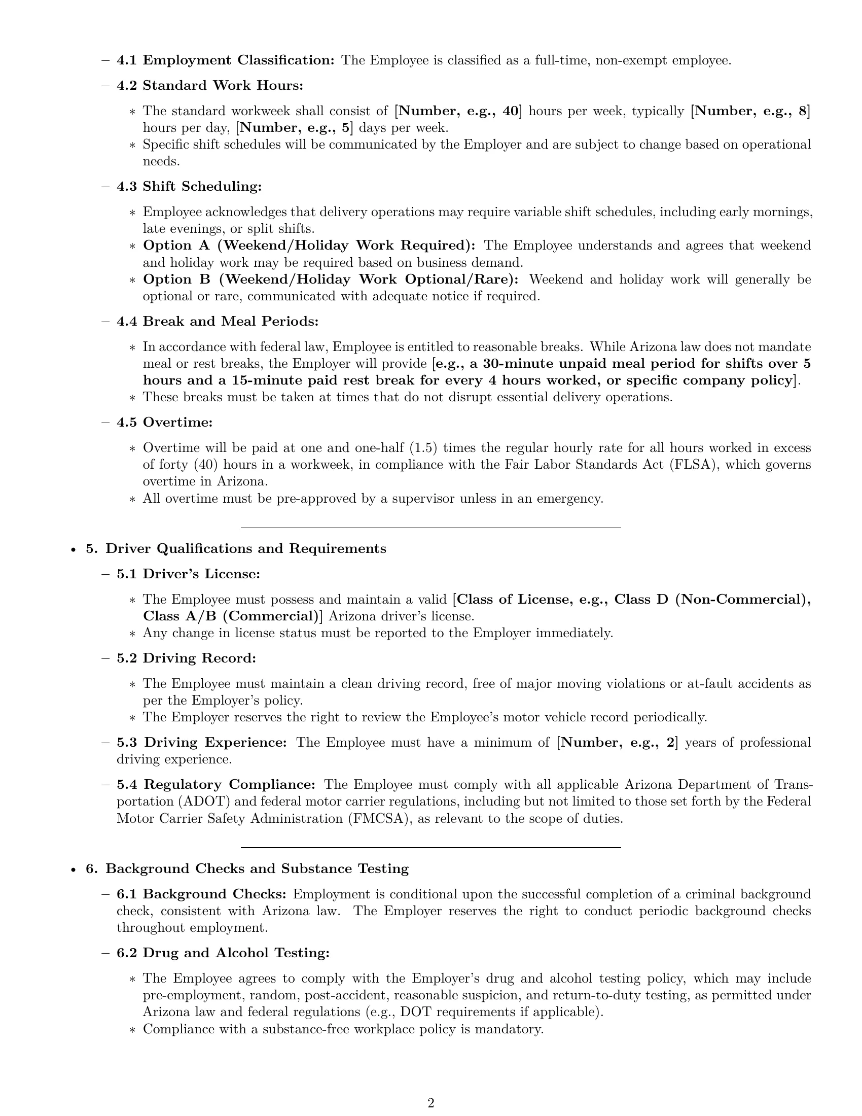 Preview page 2 of Pro Arizona delivery driver employment contract template