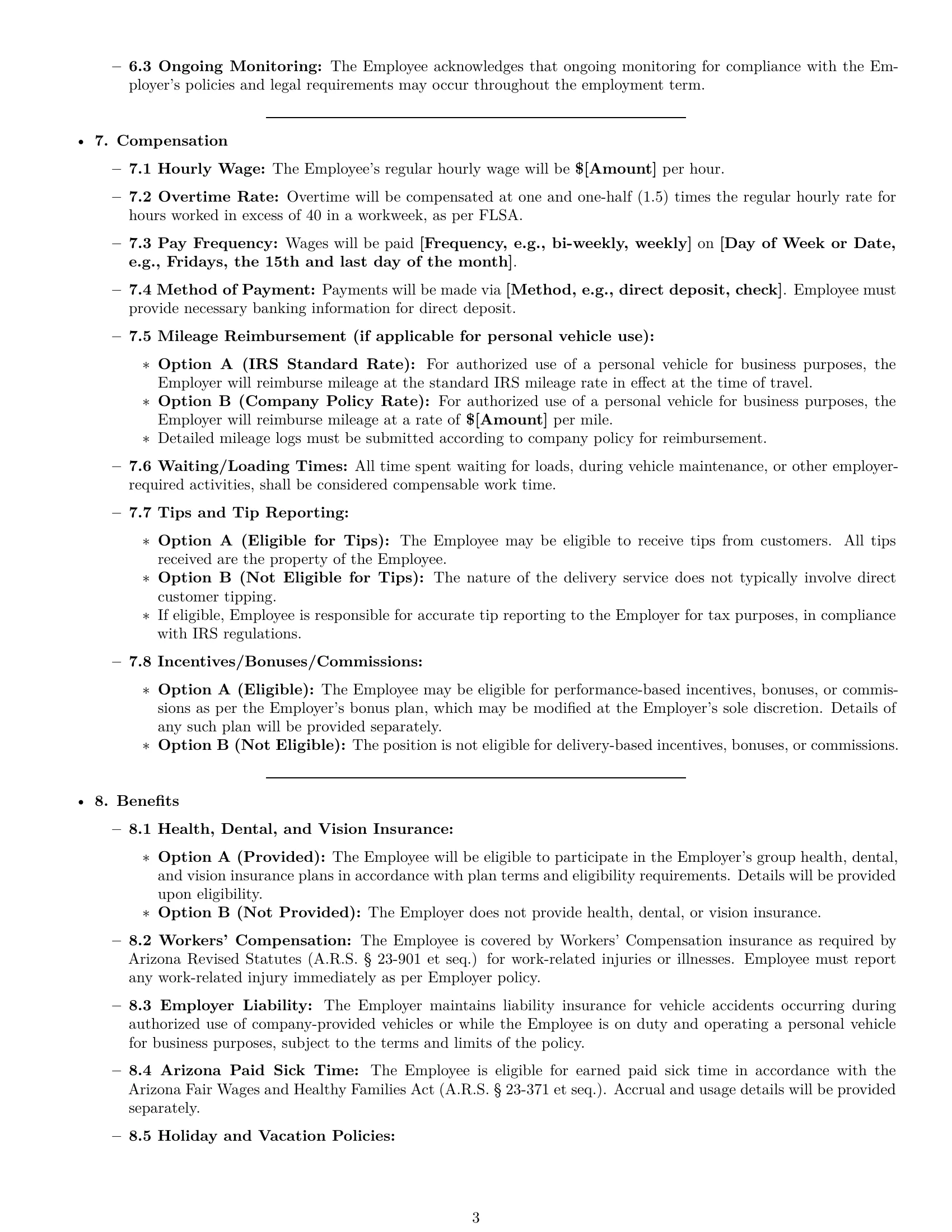 Preview page 3 of Pro Arizona delivery driver employment contract template