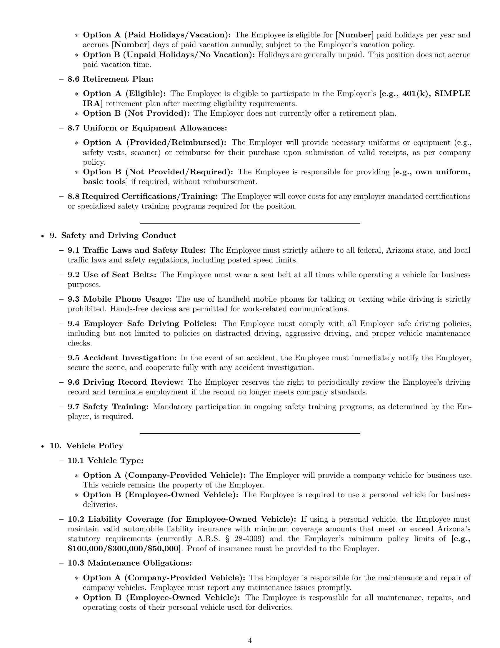 Preview page 4 of Pro Arizona delivery driver employment contract template