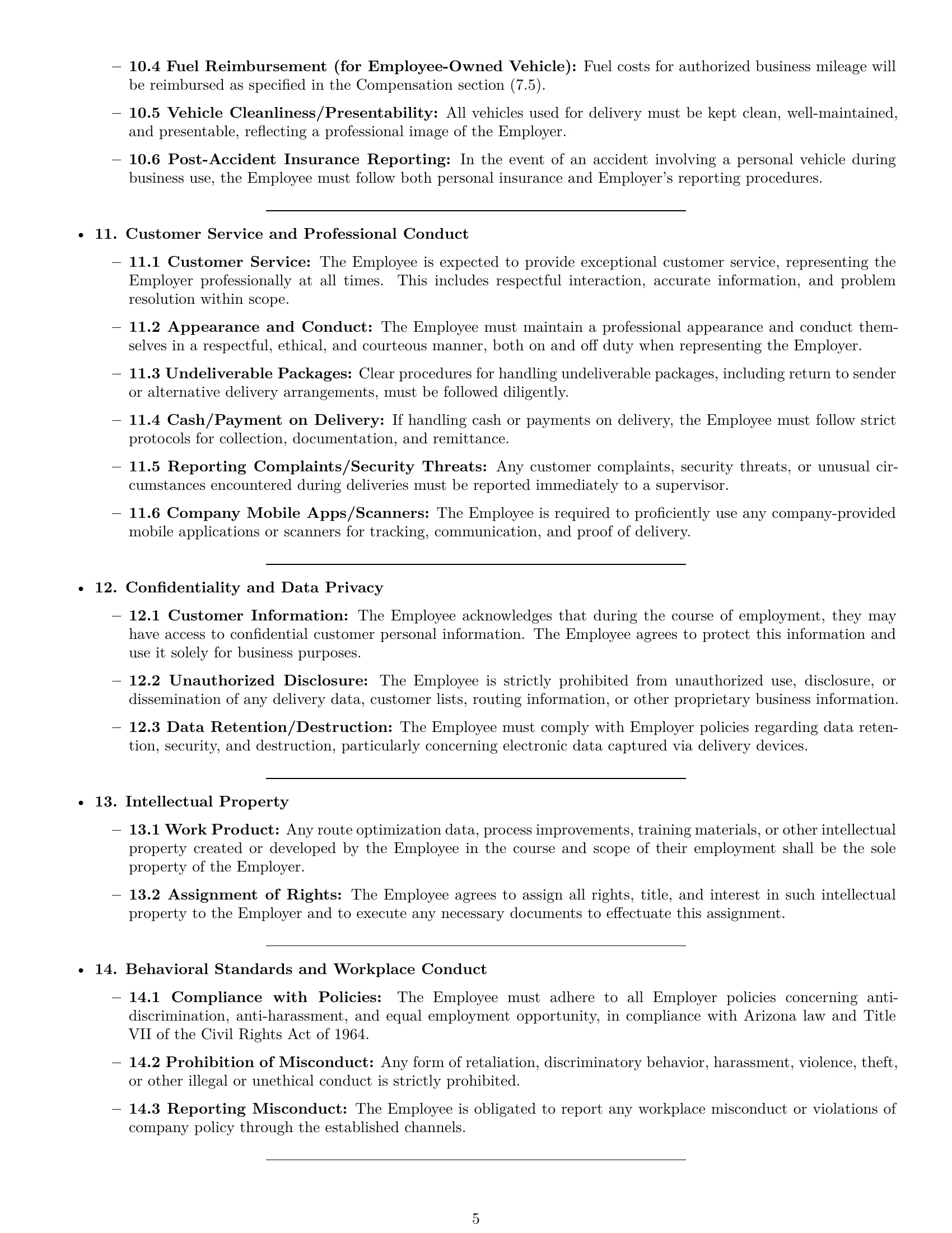 Preview page 5 of Pro Arizona delivery driver employment contract template