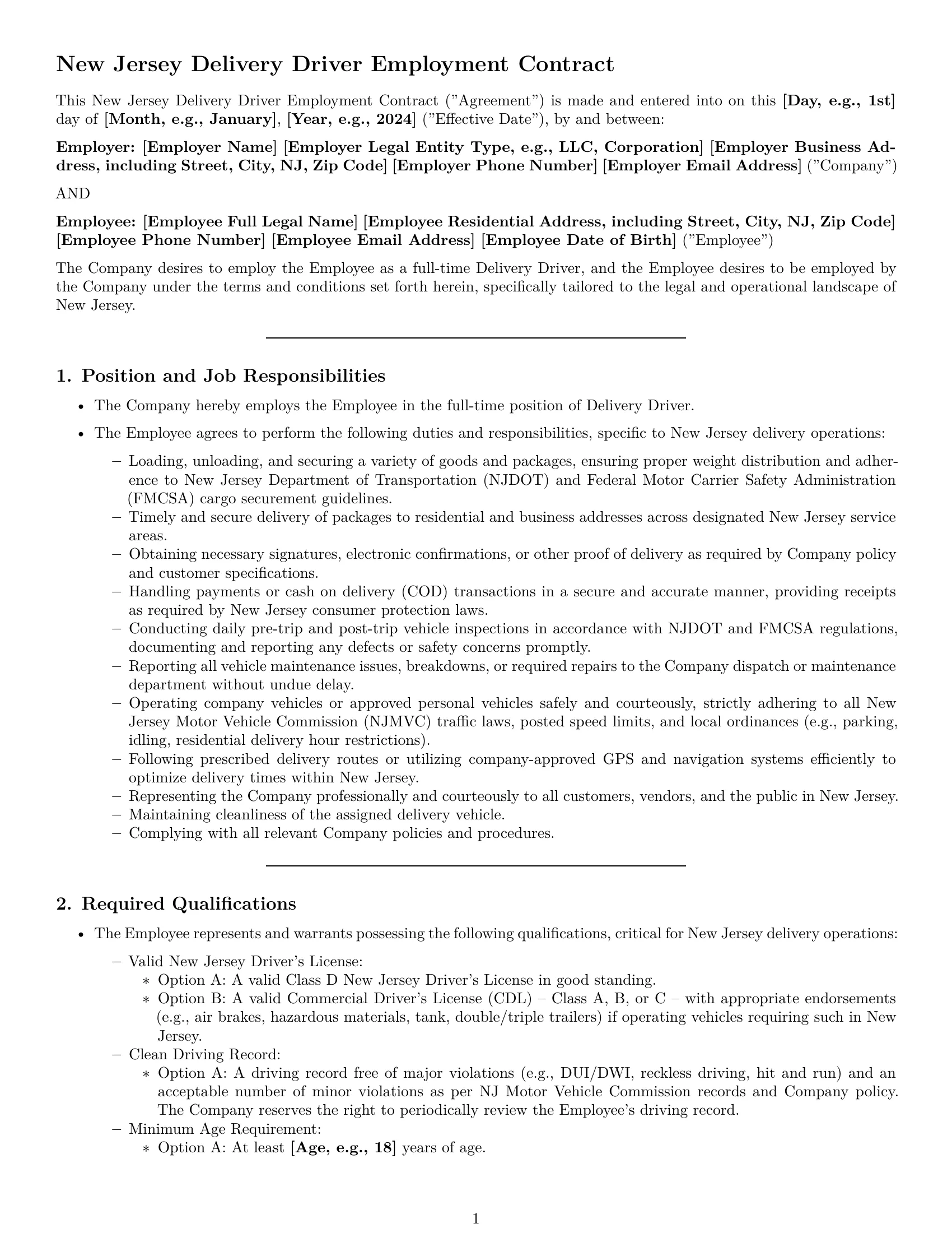 Preview page 1 of Pro New Jersey delivery driver employment contract template