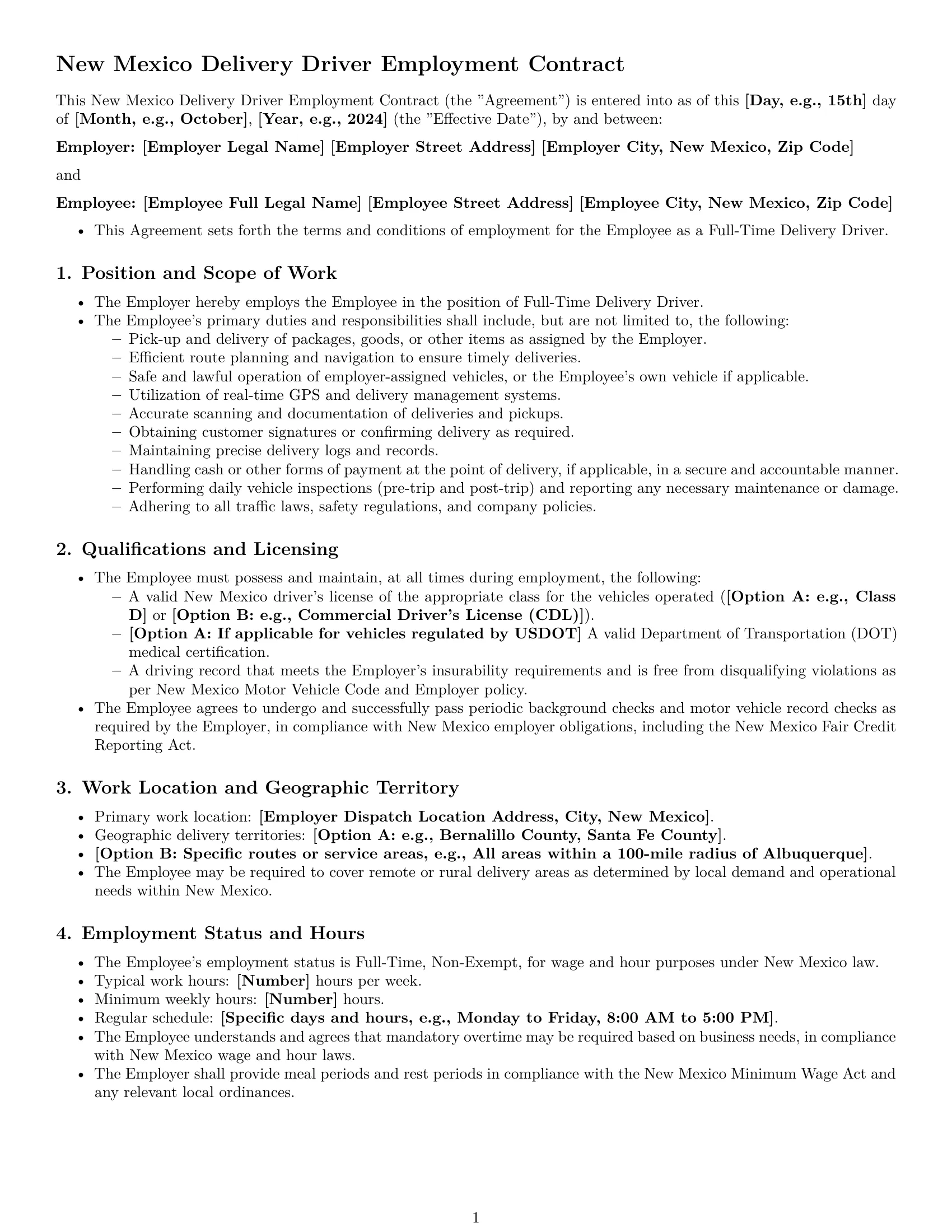 Preview page 1 of Pro New Mexico delivery driver employment contract template