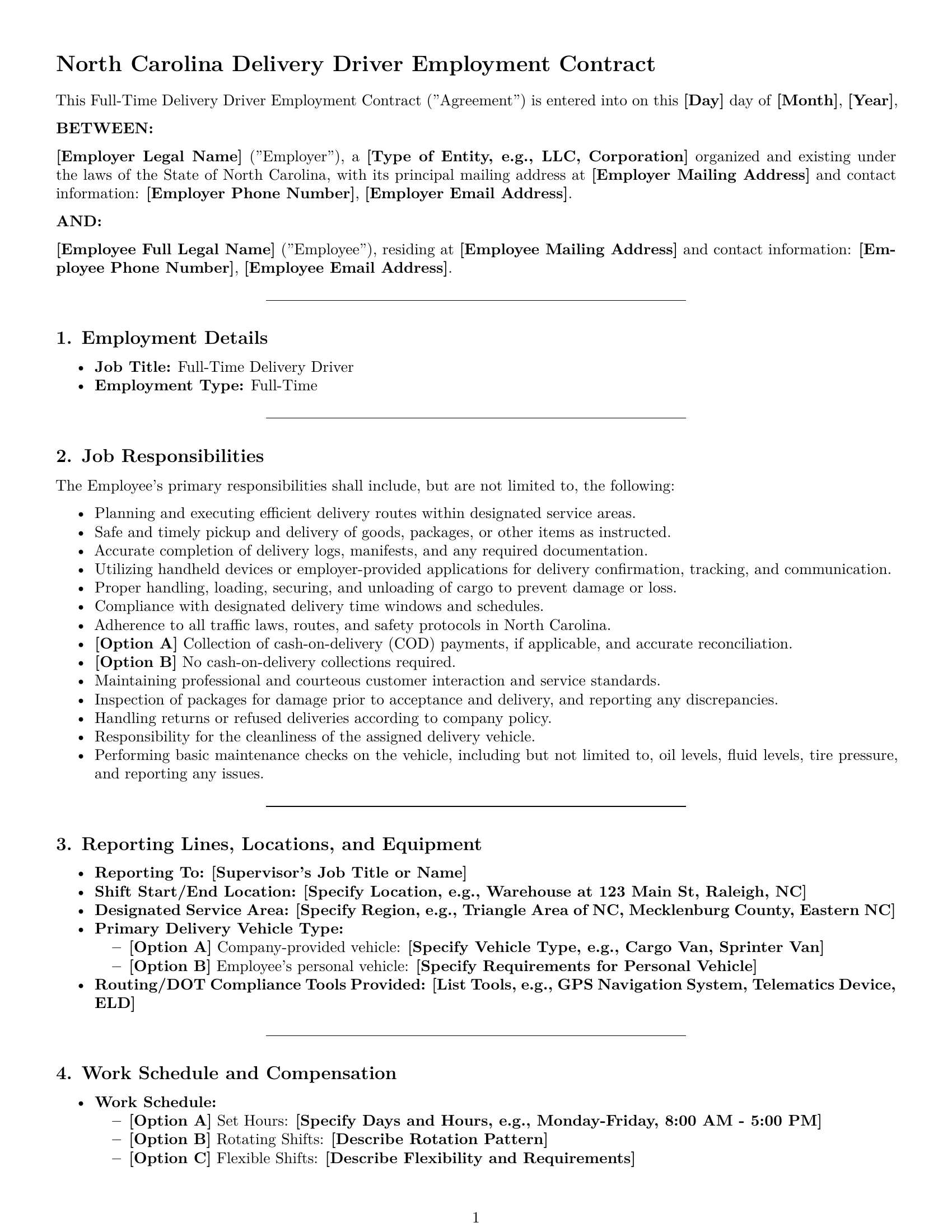 Preview page 1 of Pro North Carolina delivery driver employment contract template
