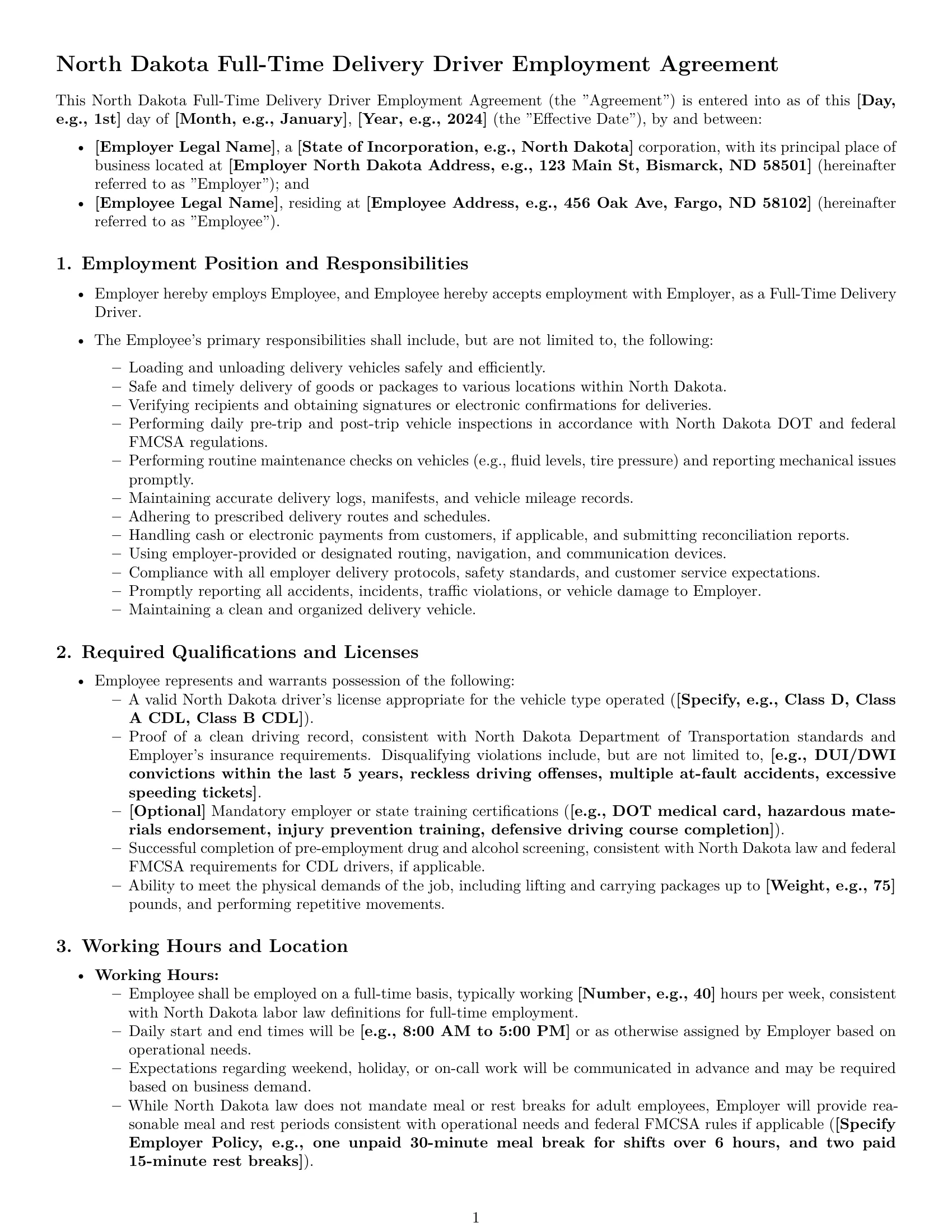 Preview page 1 of Pro North Dakota delivery driver employment contract template