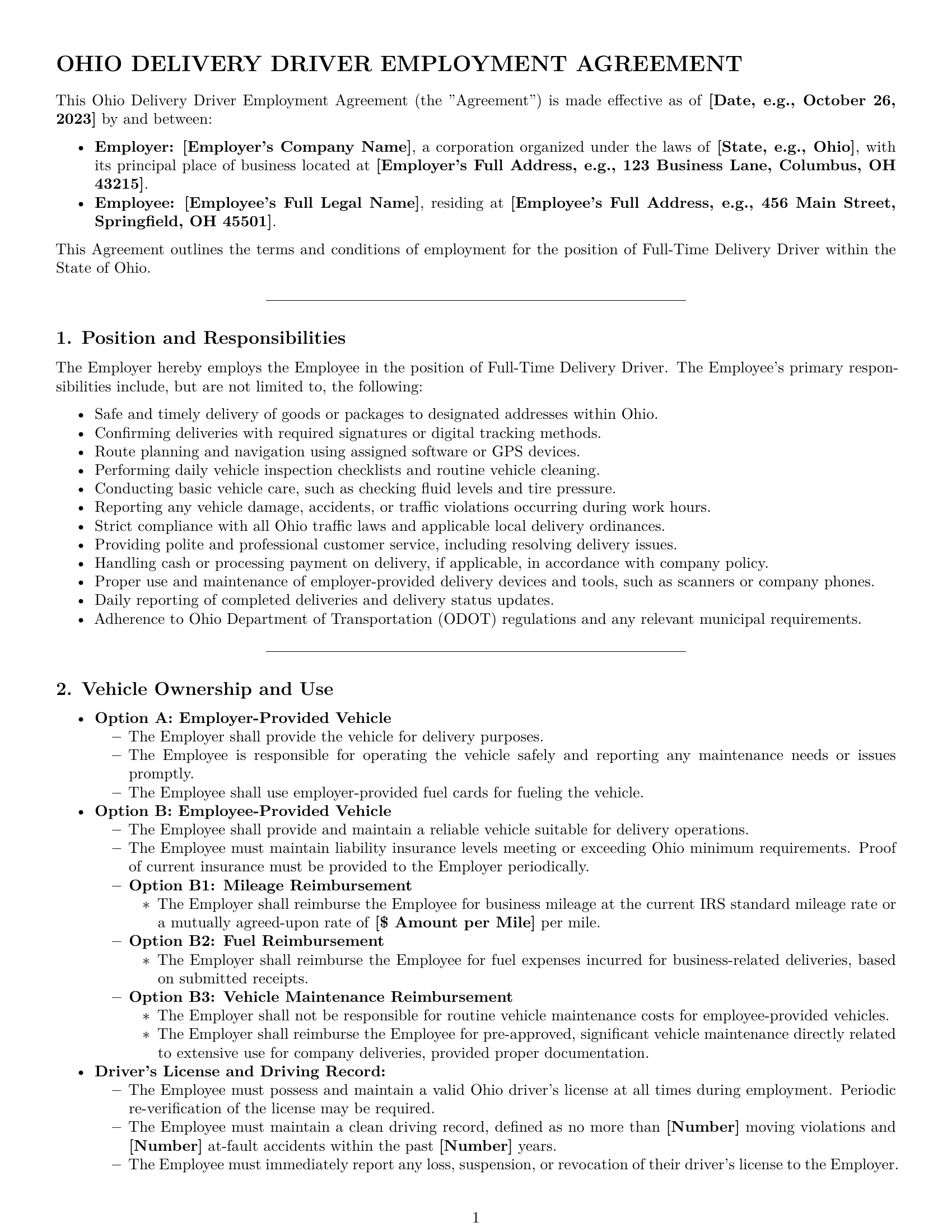 Preview page 1 of Pro Ohio delivery driver employment contract template
