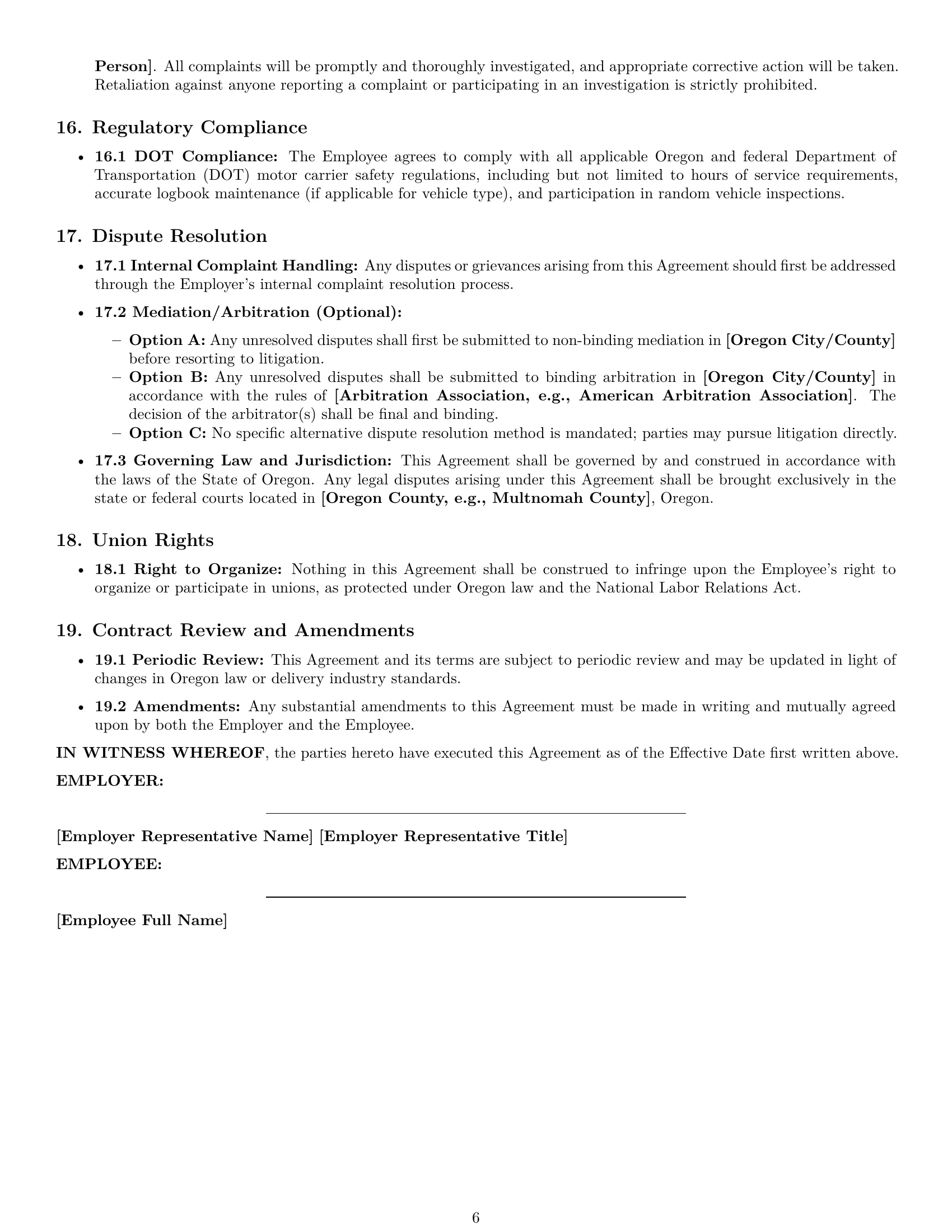 Preview page 6 of Pro Oregon delivery driver employment contract template