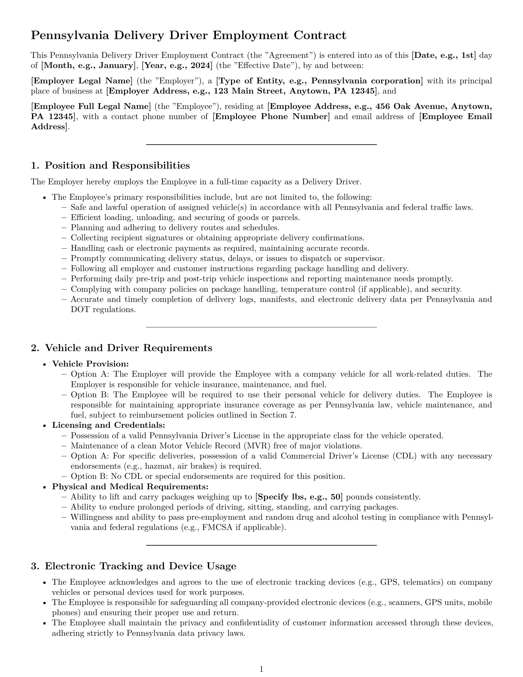 Preview page 1 of Pro Pennsylvania delivery driver employment contract template