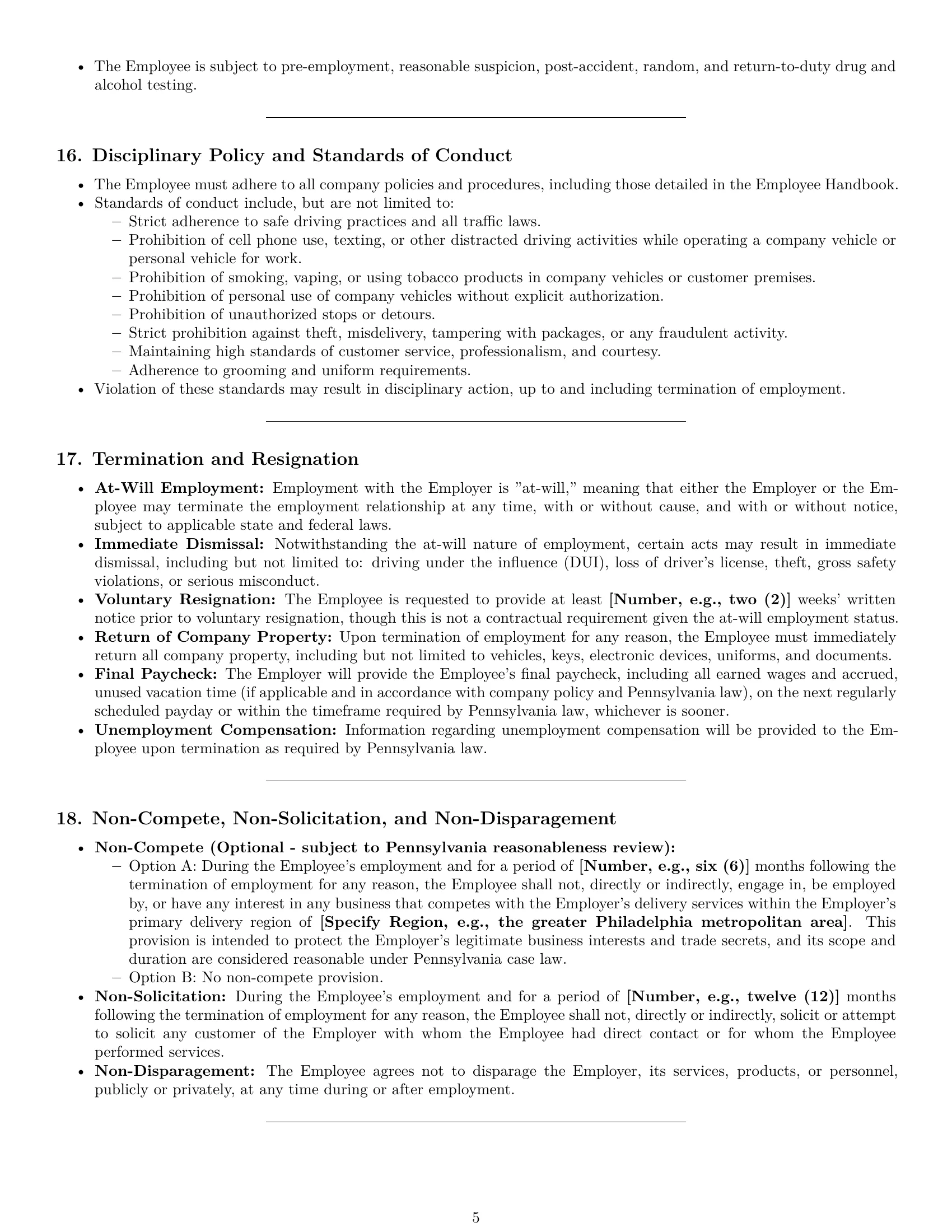 Preview page 5 of Pro Pennsylvania delivery driver employment contract template