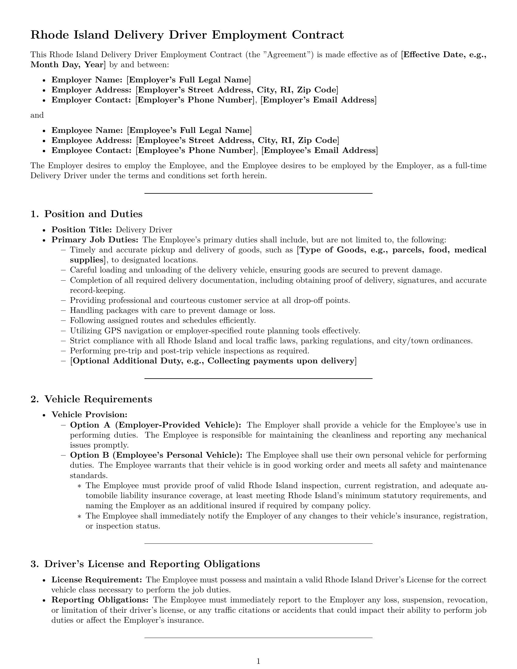 Preview page 1 of Pro Rhode Island delivery driver employment contract template
