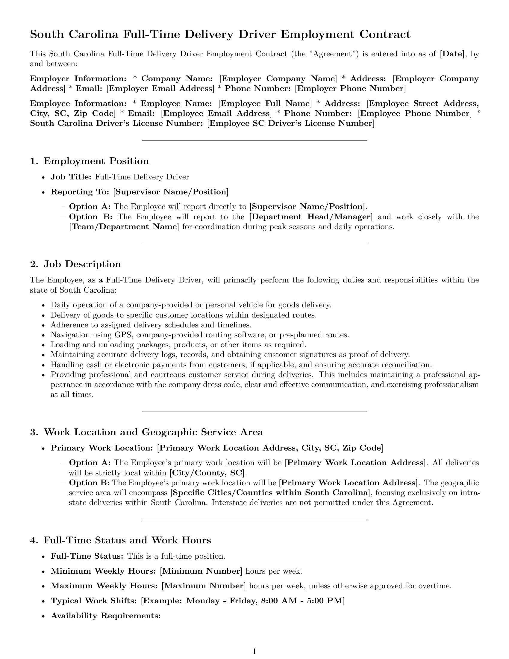 Preview page 1 of Pro South Carolina delivery driver employment contract template
