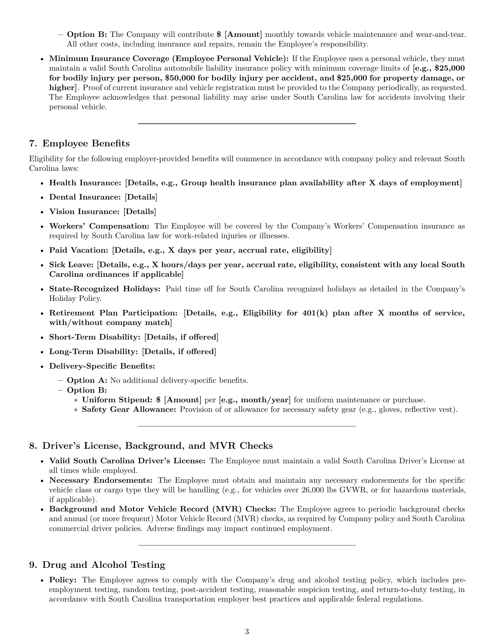 Preview page 3 of Pro South Carolina delivery driver employment contract template