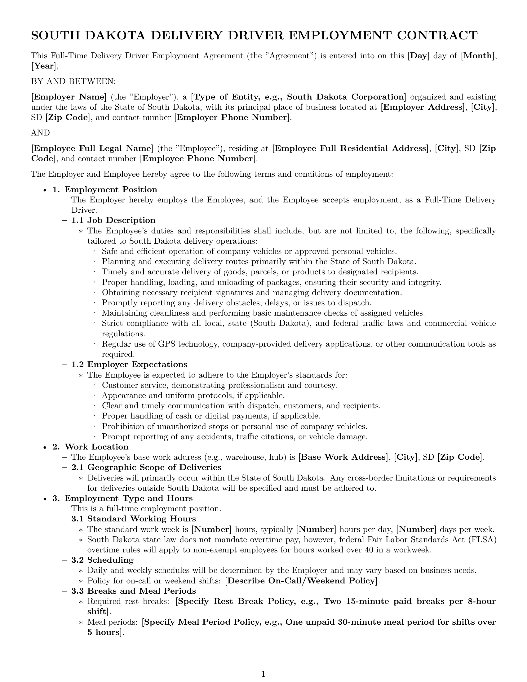 Preview page 1 of Pro South Dakota delivery driver employment contract template