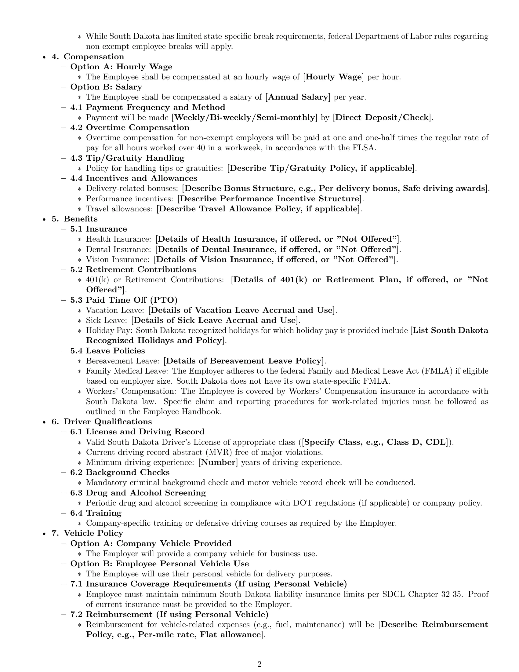 Preview page 2 of Pro South Dakota delivery driver employment contract template