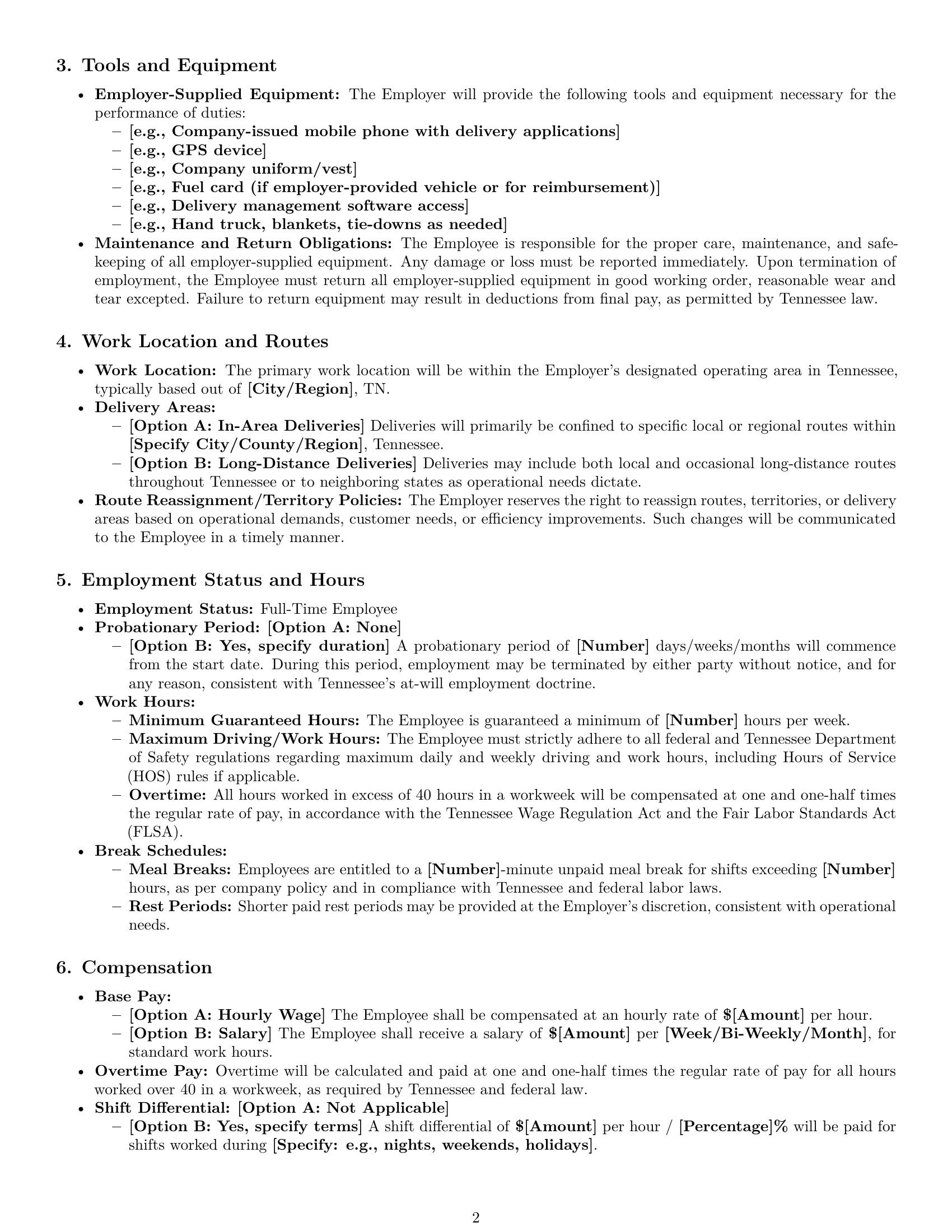 Preview page 2 of Pro Tennessee delivery driver employment contract template