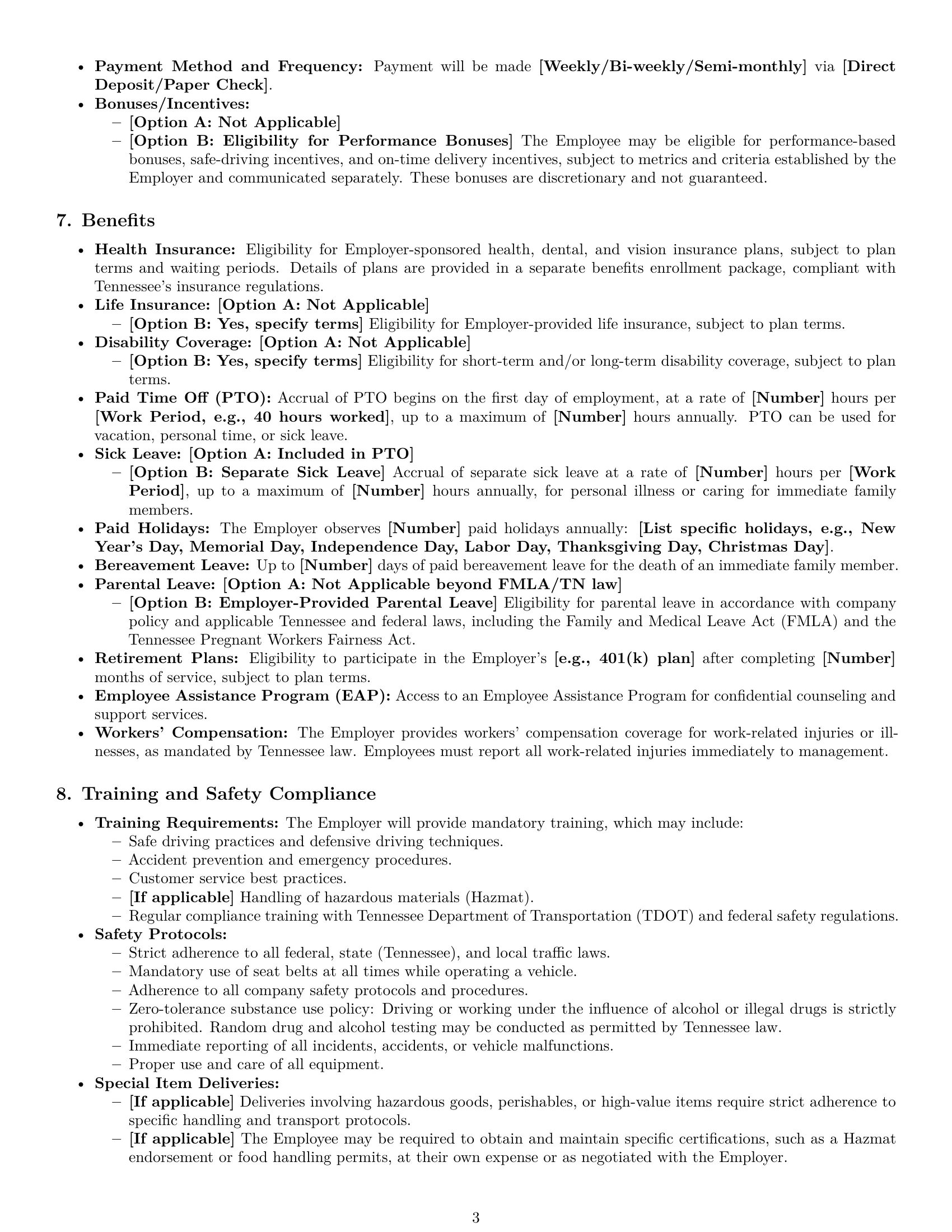 Preview page 3 of Pro Tennessee delivery driver employment contract template