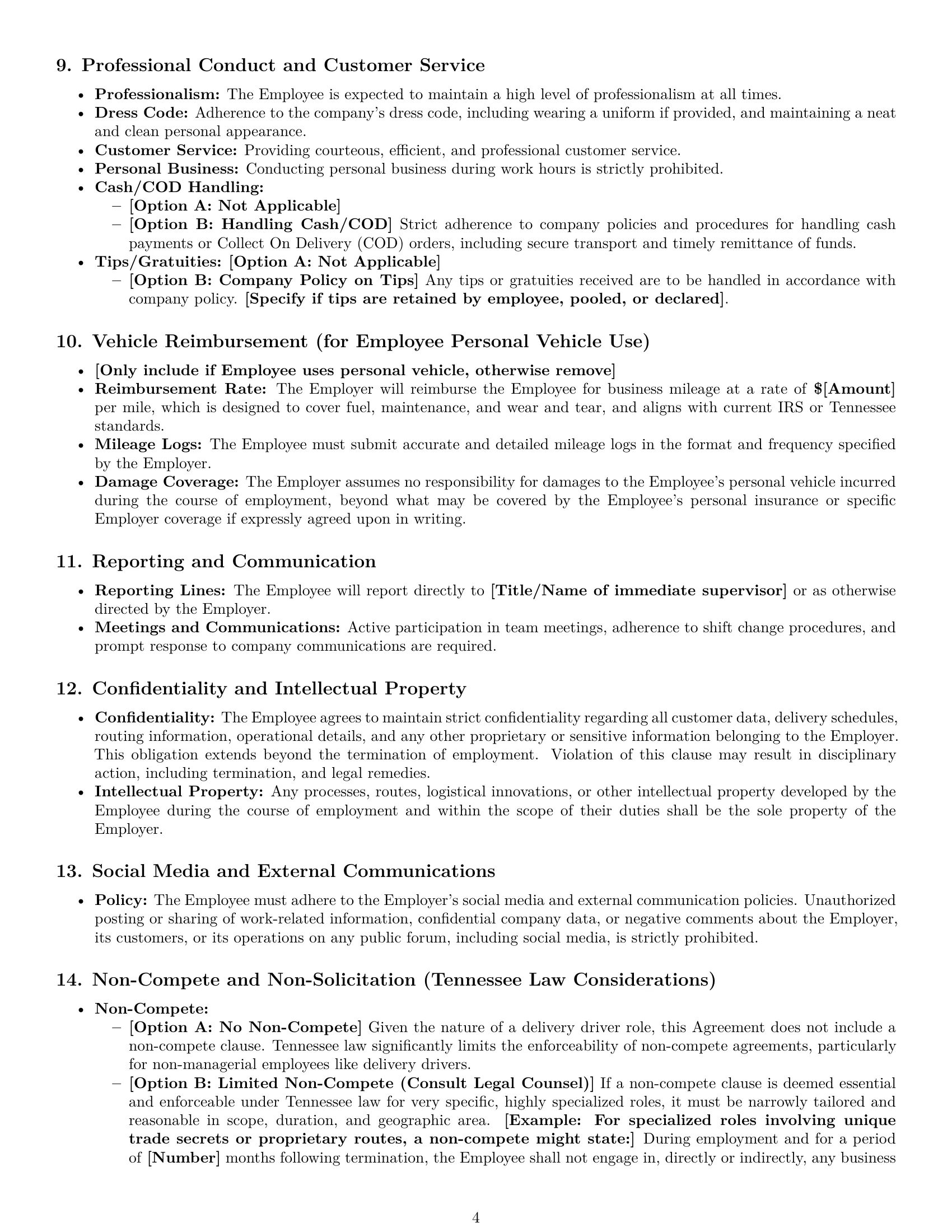 Preview page 4 of Pro Tennessee delivery driver employment contract template