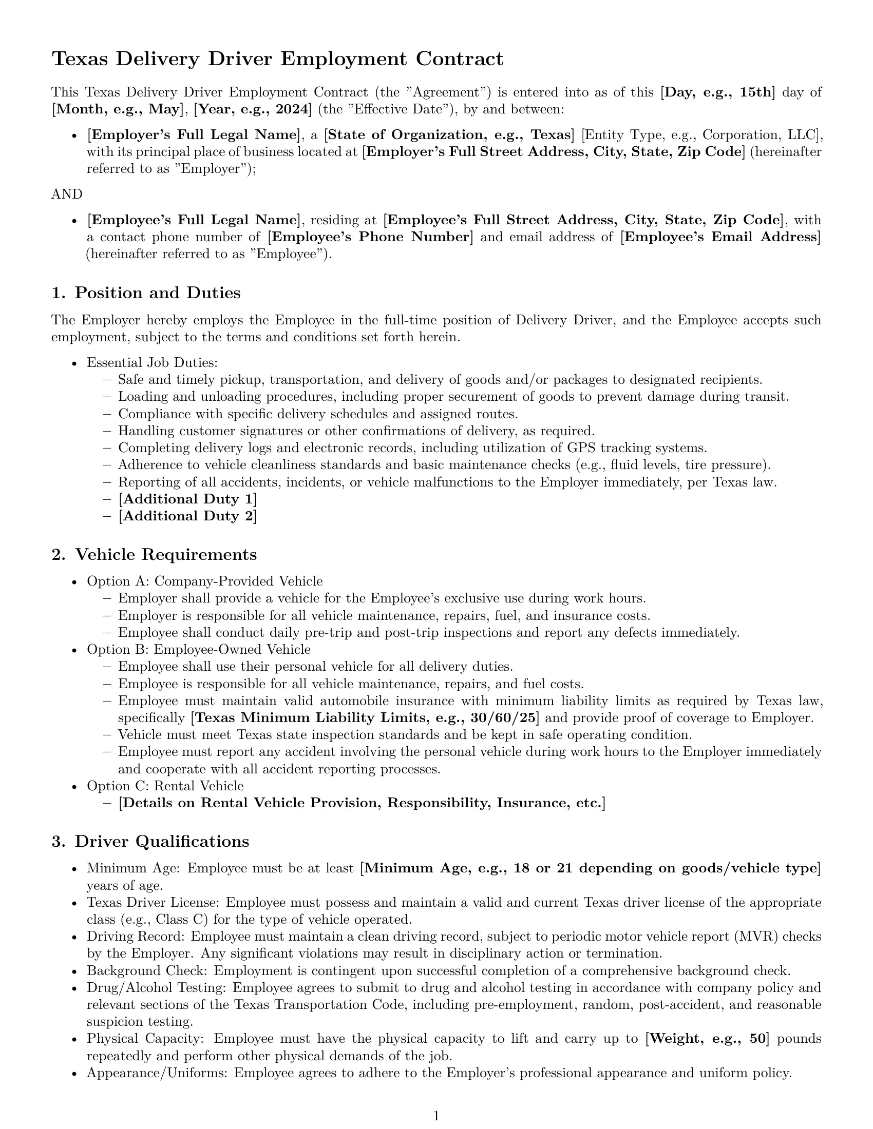 Preview page 1 of Pro Texas delivery driver employment contract template