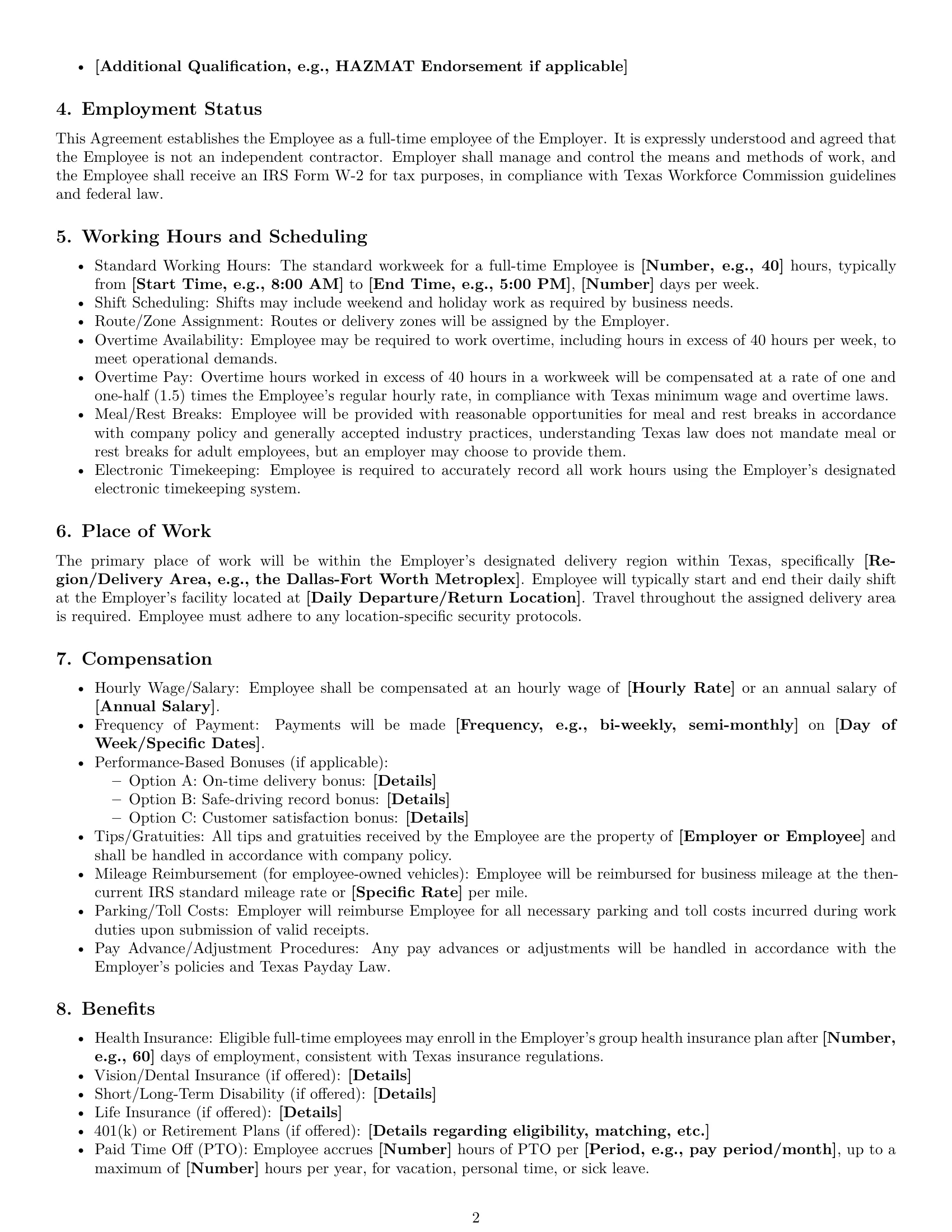 Preview page 2 of Pro Texas delivery driver employment contract template