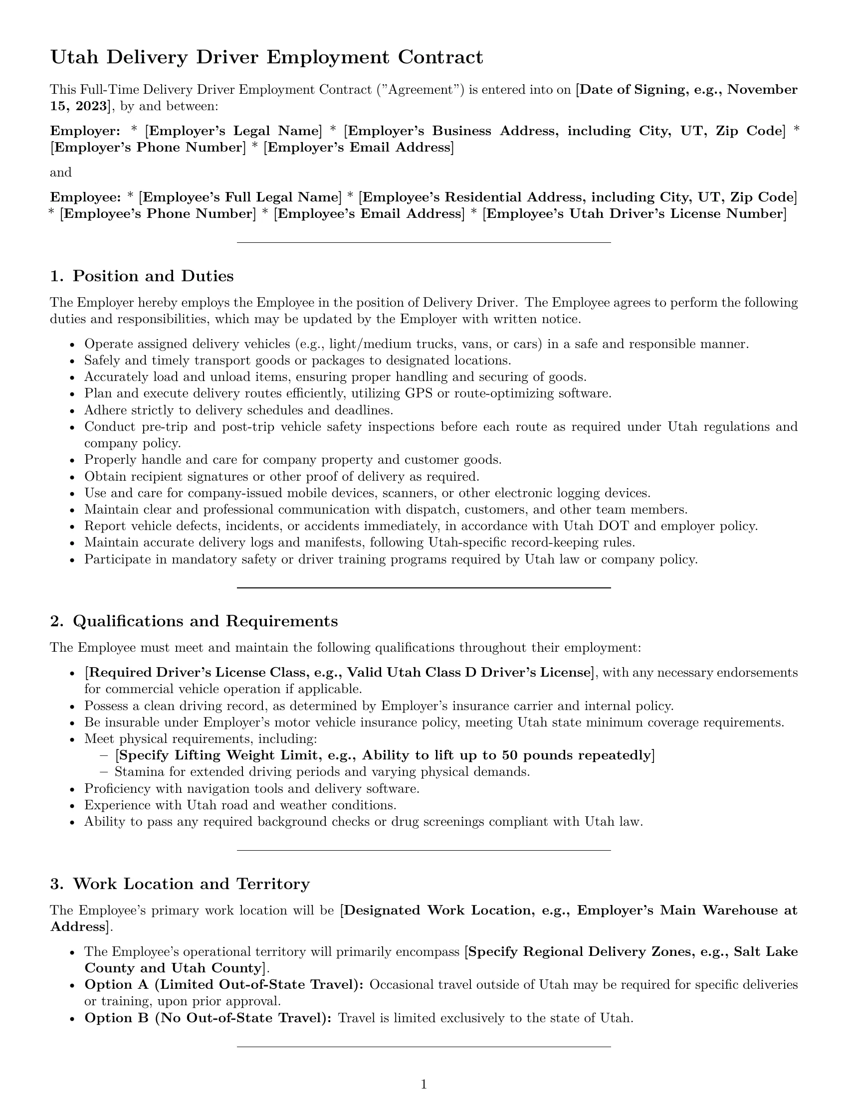 Preview page 1 of Pro Utah delivery driver employment contract template