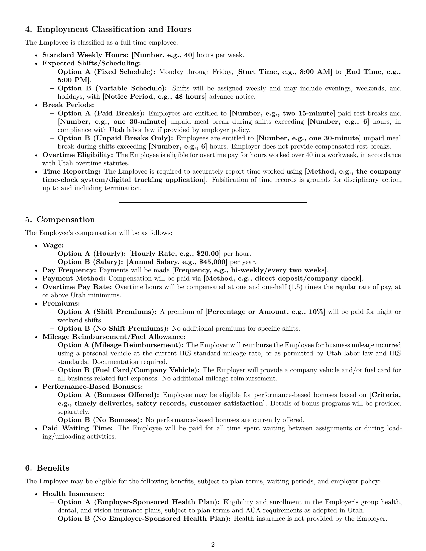 Preview page 2 of Pro Utah delivery driver employment contract template