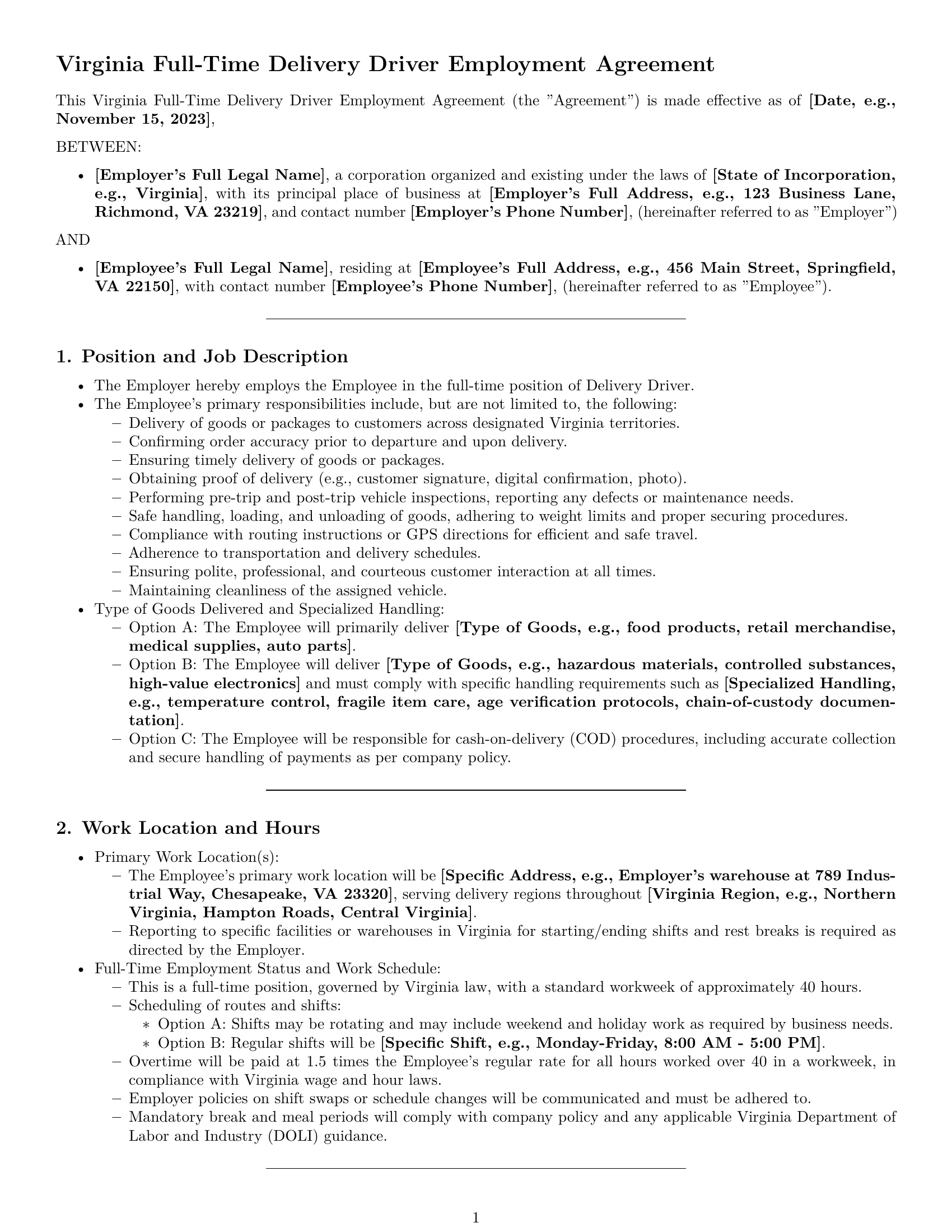 Preview page 1 of Pro Virginia delivery driver employment contract template