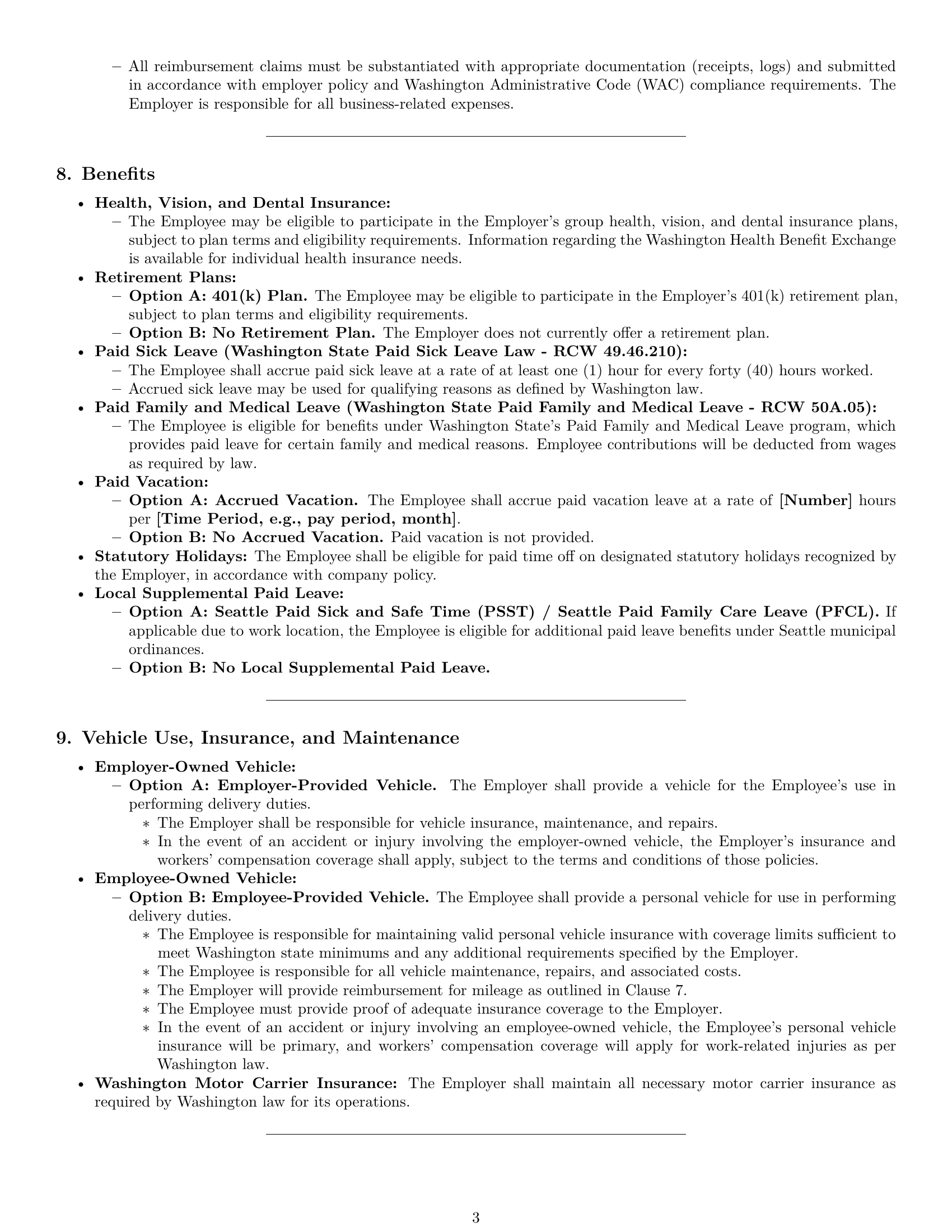 Preview page 3 of Pro Washington delivery driver employment contract template