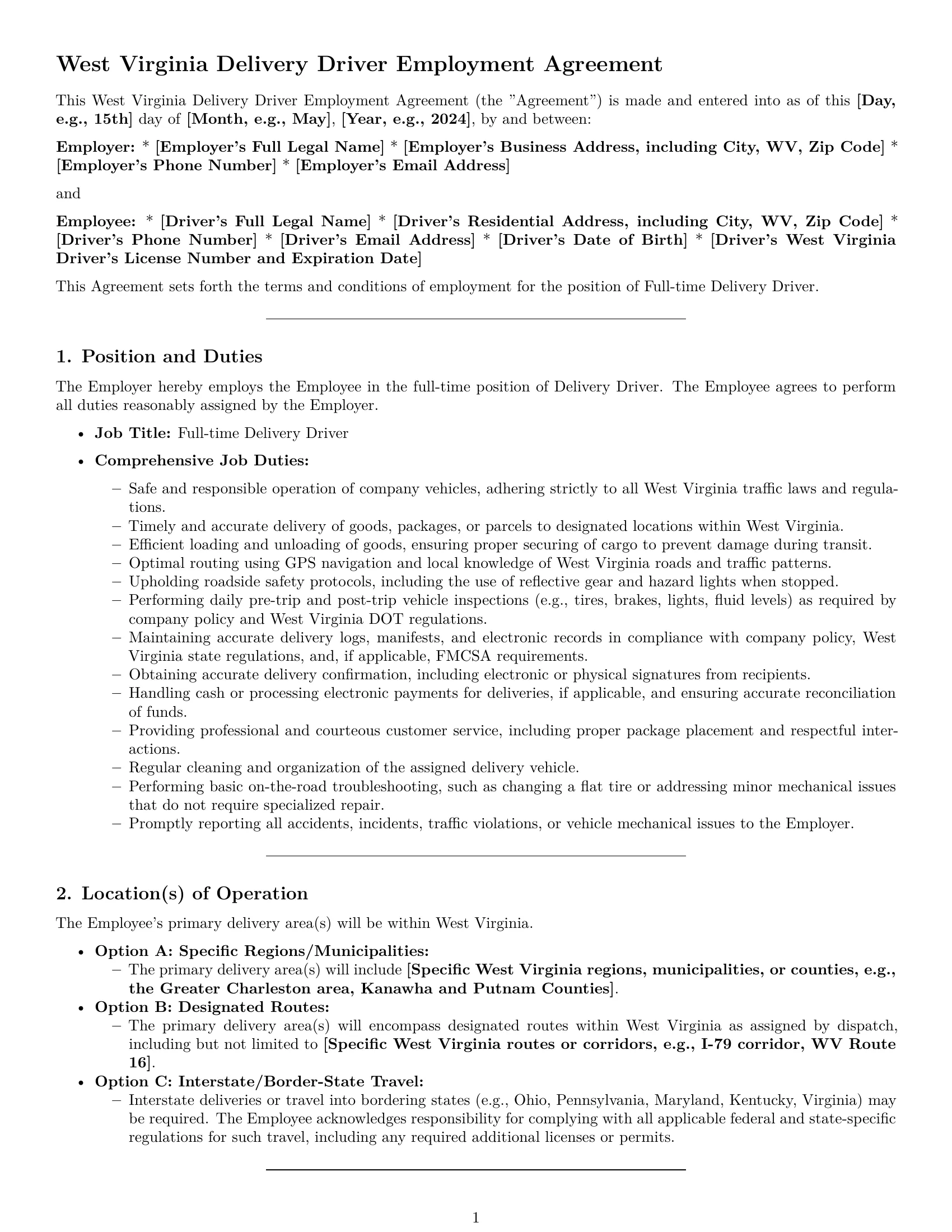 Preview page 1 of Pro West Virginia delivery driver employment contract template