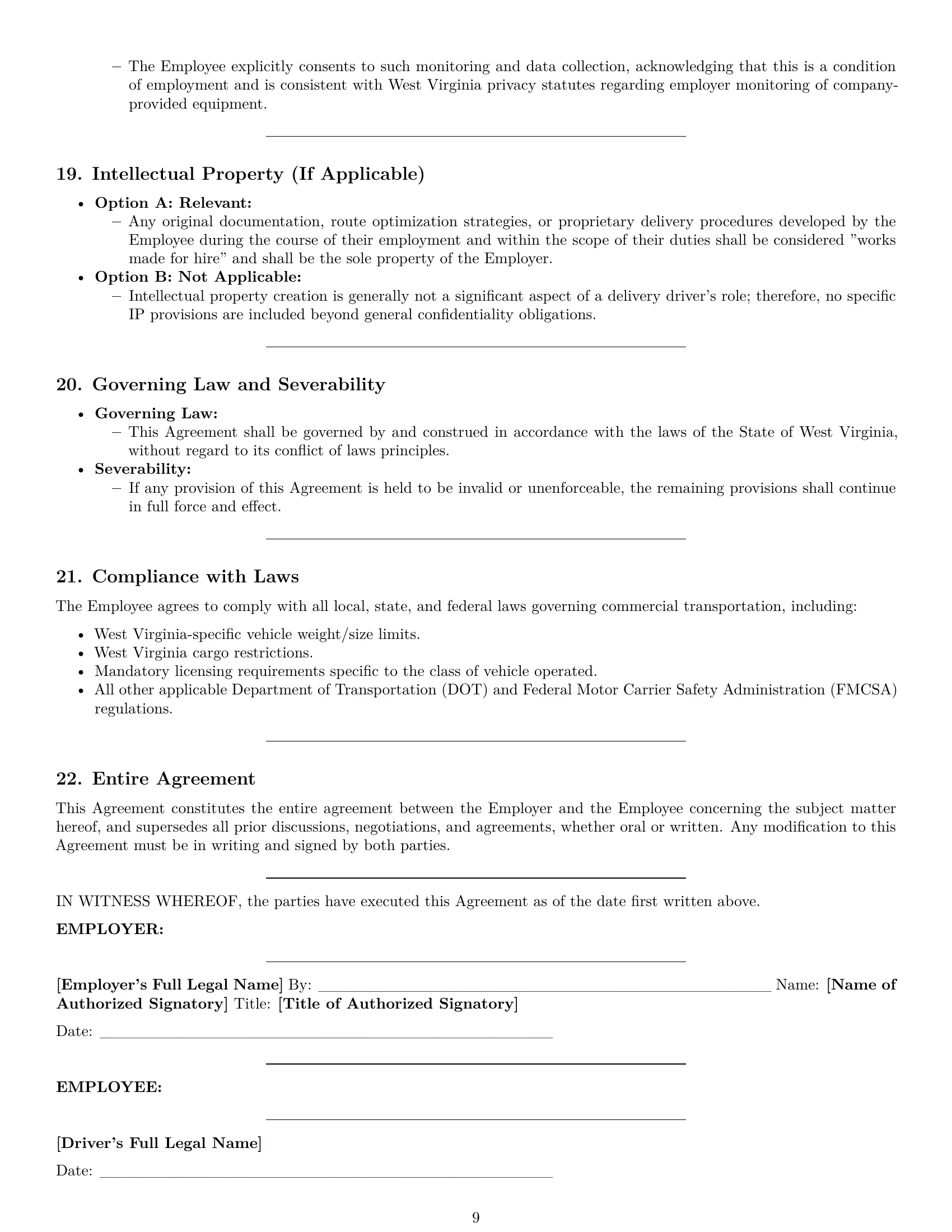 Preview page 9 of Pro West Virginia delivery driver employment contract template