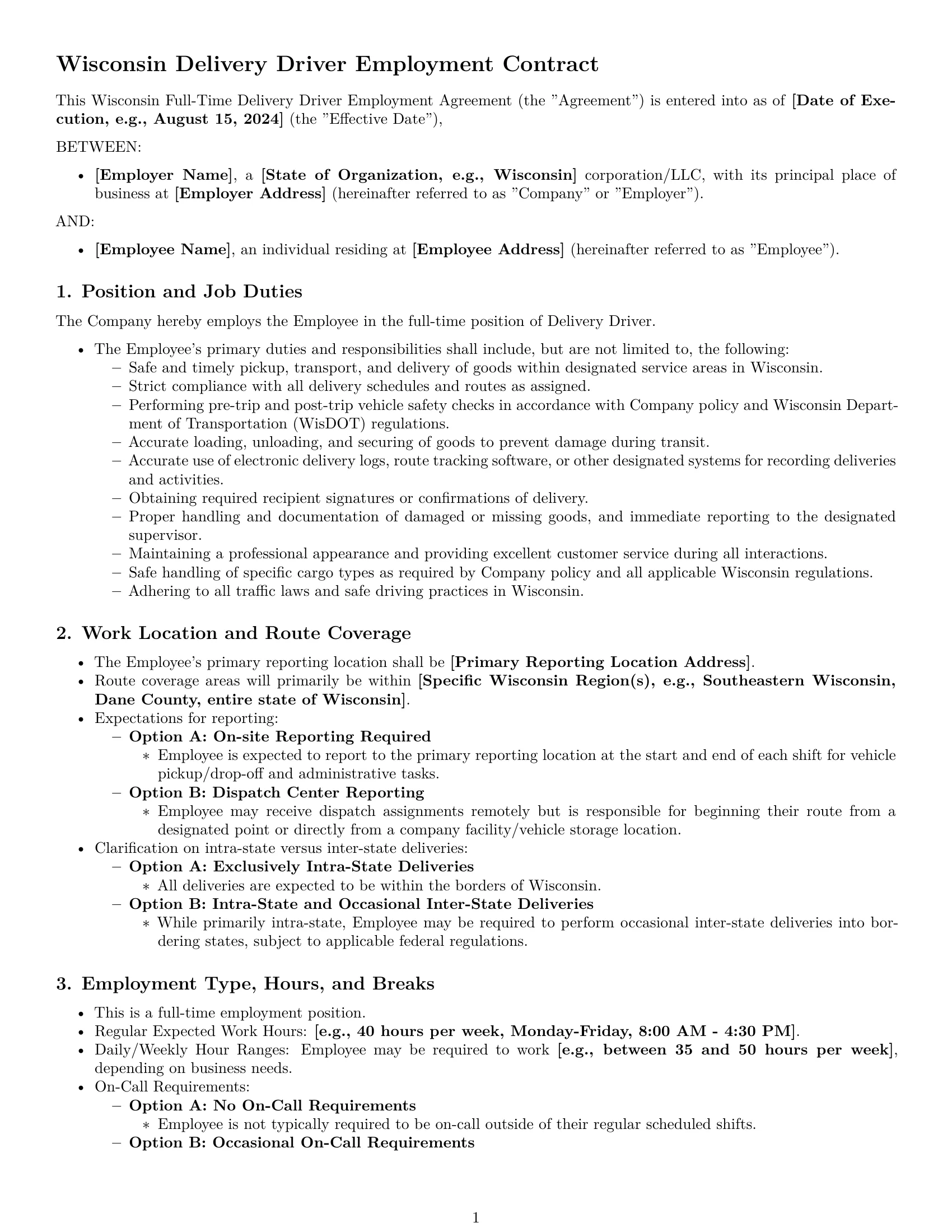 Preview page 1 of Pro Wisconsin delivery driver employment contract template
