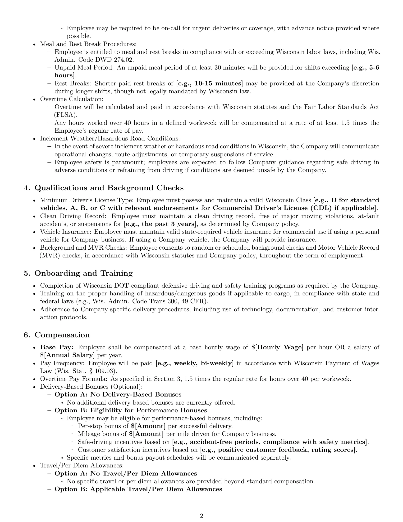 Preview page 2 of Pro Wisconsin delivery driver employment contract template
