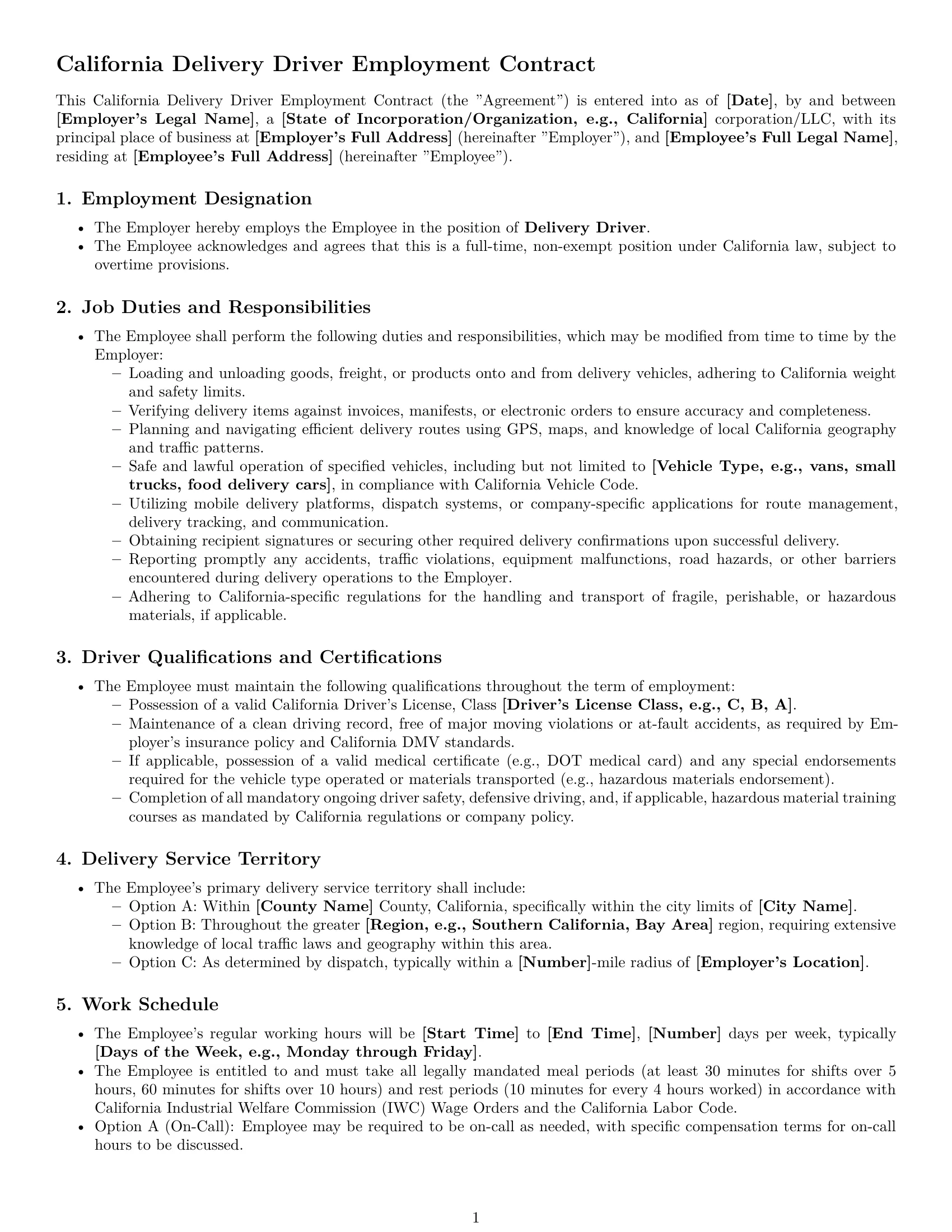 Preview page 1 of Pro California delivery driver employment contract template