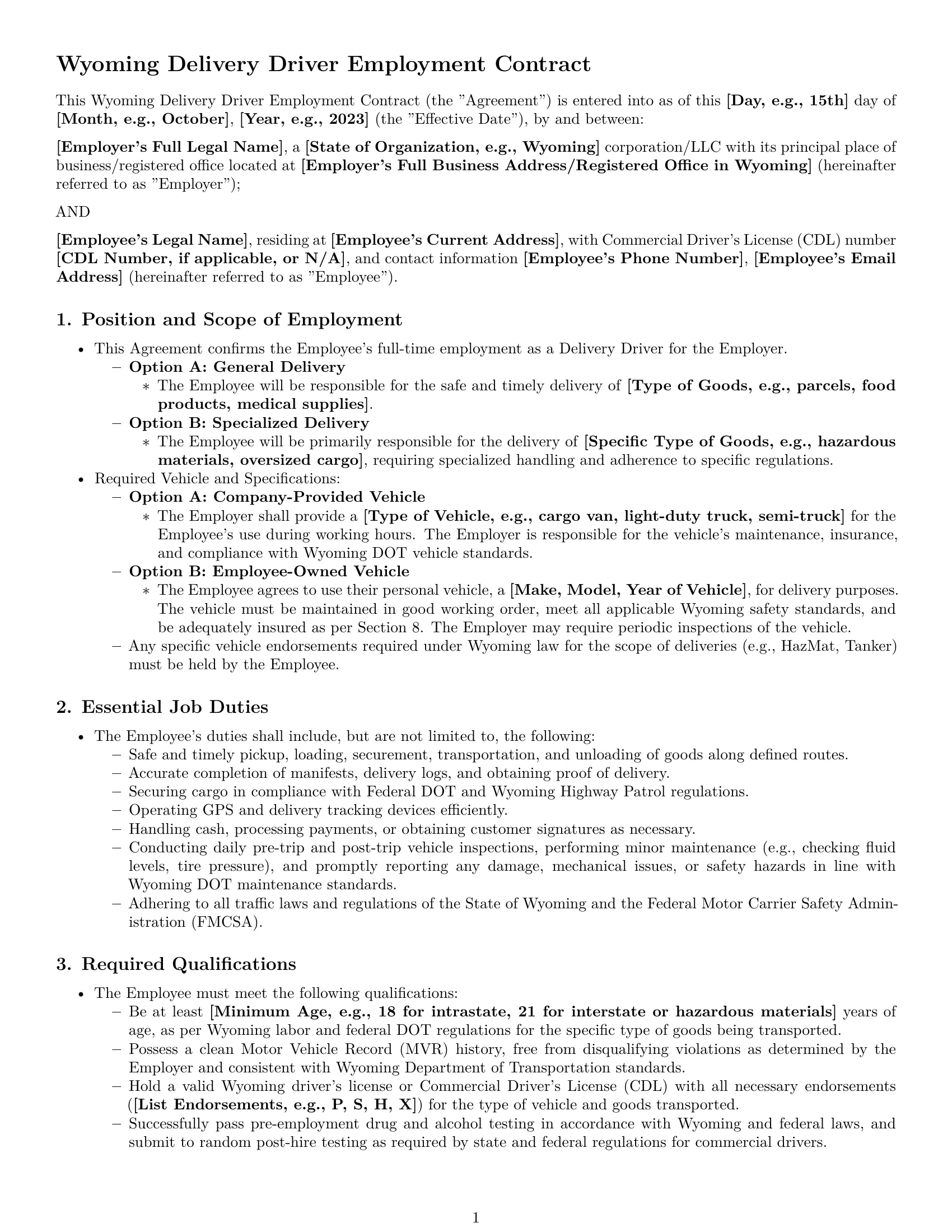 Preview page 1 of Pro Wyoming delivery driver employment contract template