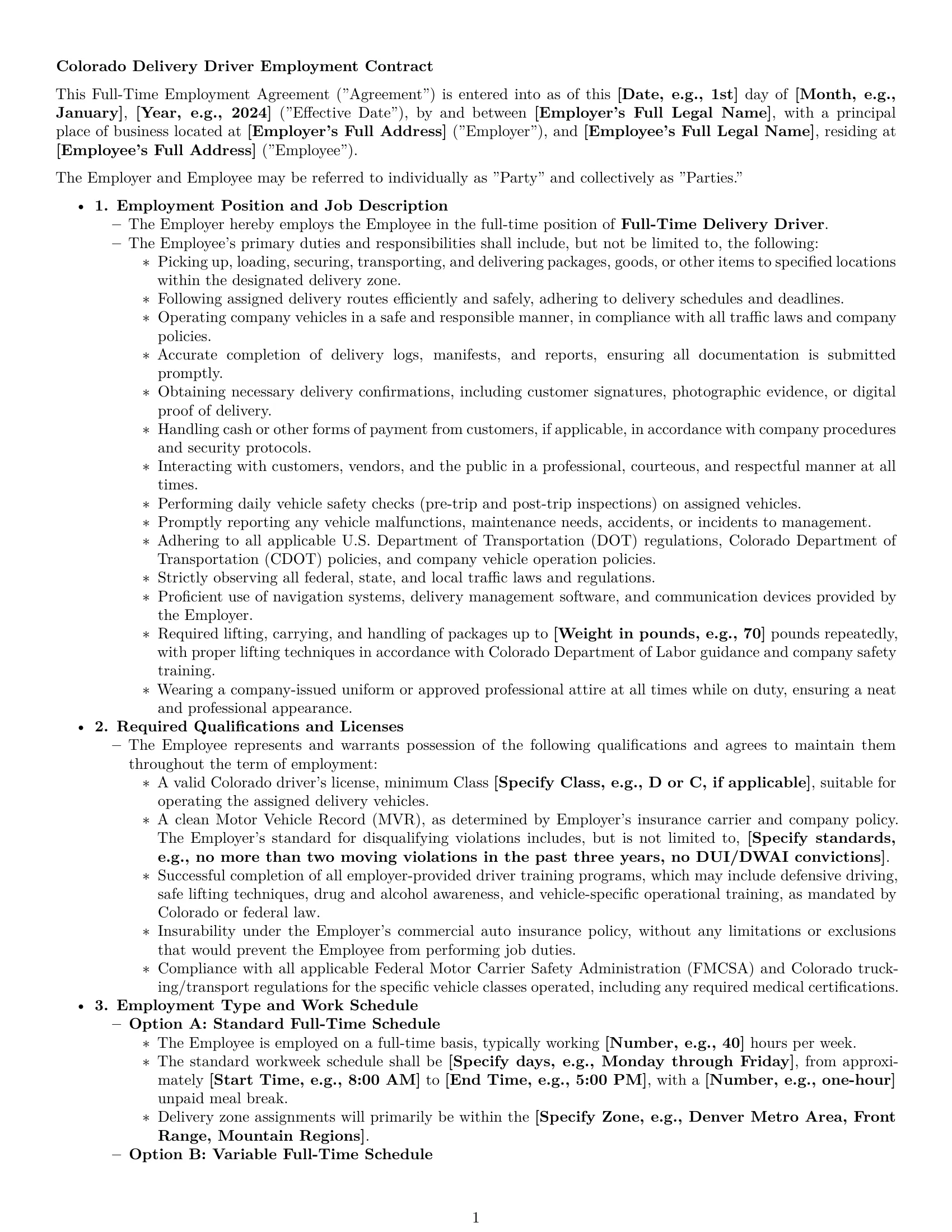Preview page 1 of Pro Colorado delivery driver employment contract template