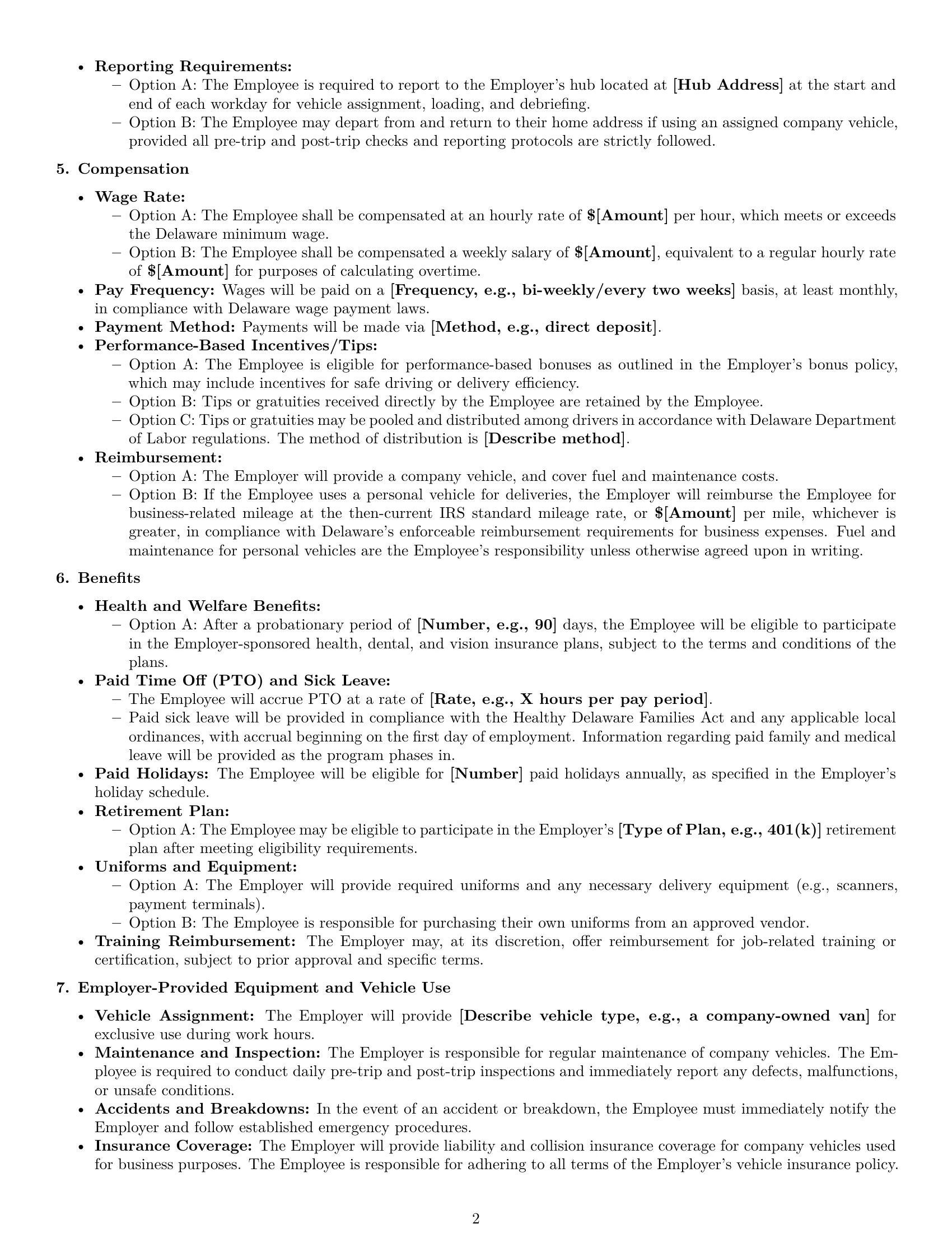 Preview page 2 of Pro Delaware delivery driver employment contract template