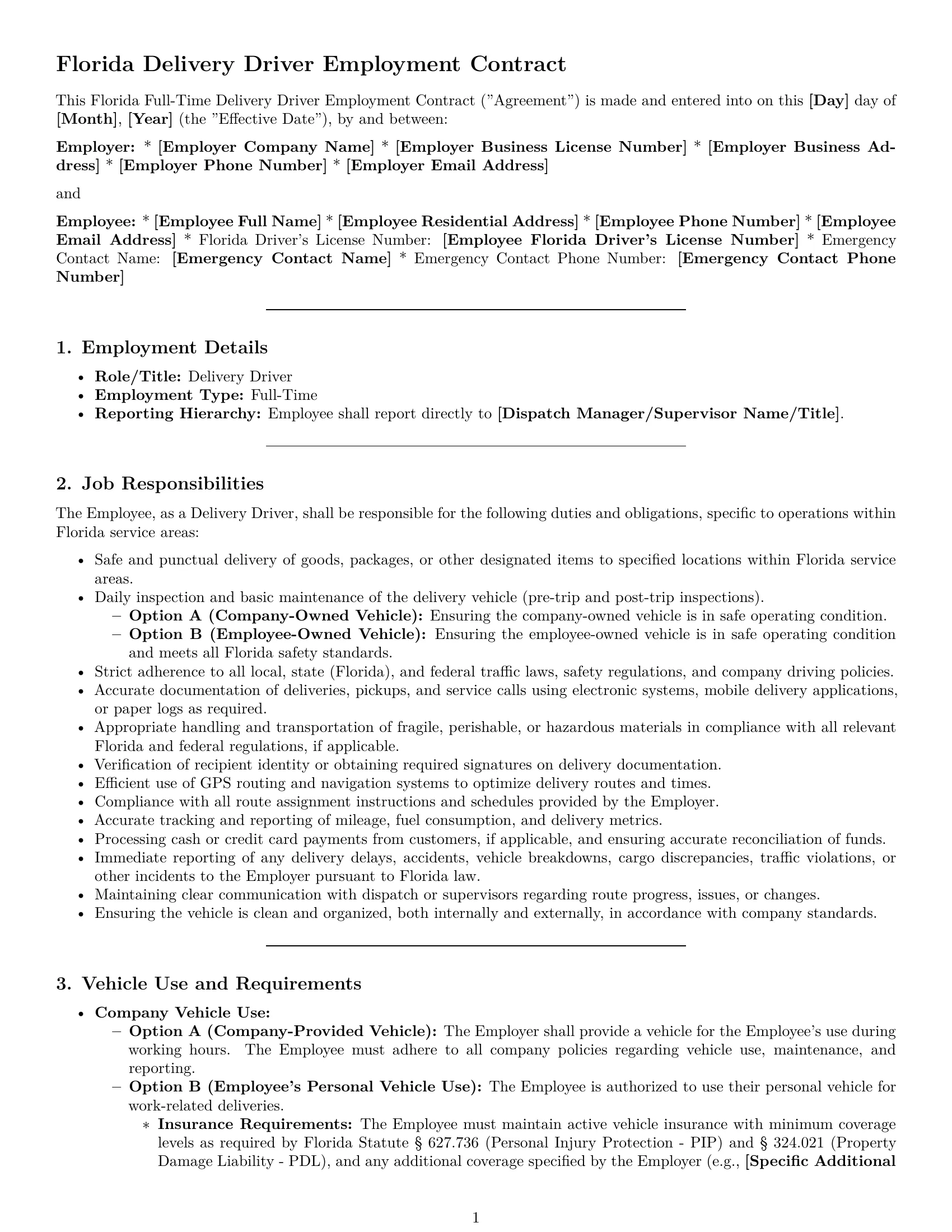 Preview page 1 of Pro Florida delivery driver employment contract template